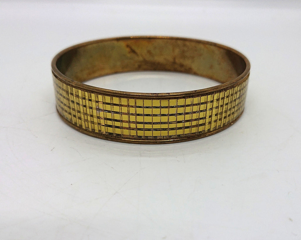 Vintage Gold Bangle Sparkly Clear Mosaic Glass Bangle 70's Retro Costume Jewellery Jewelry