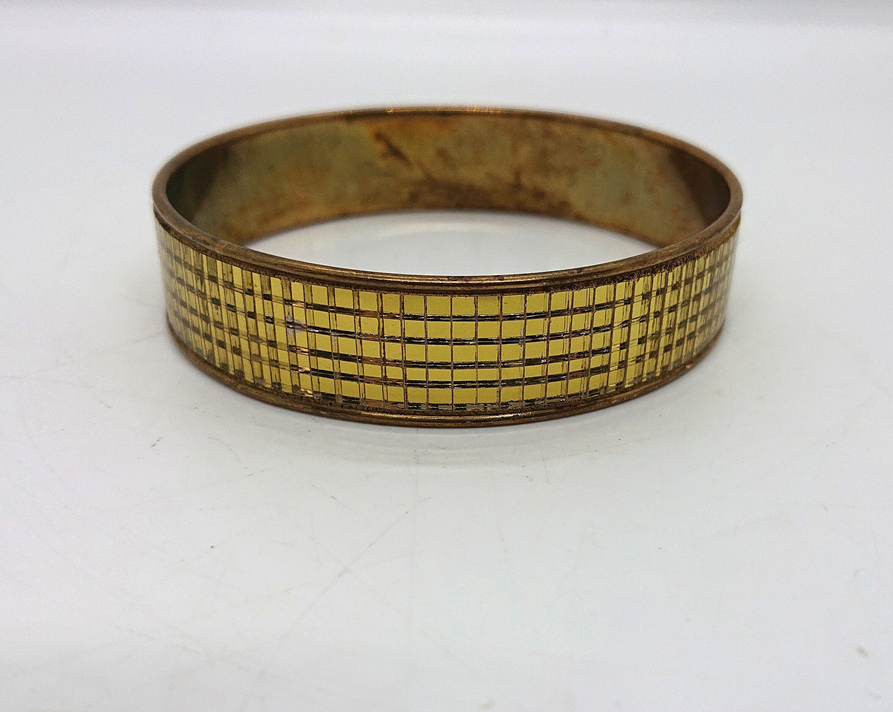 Vintage Gold Bangle Sparkly Clear Mosaic Glass Bangle 70's Retro Costume Jewellery Jewelry