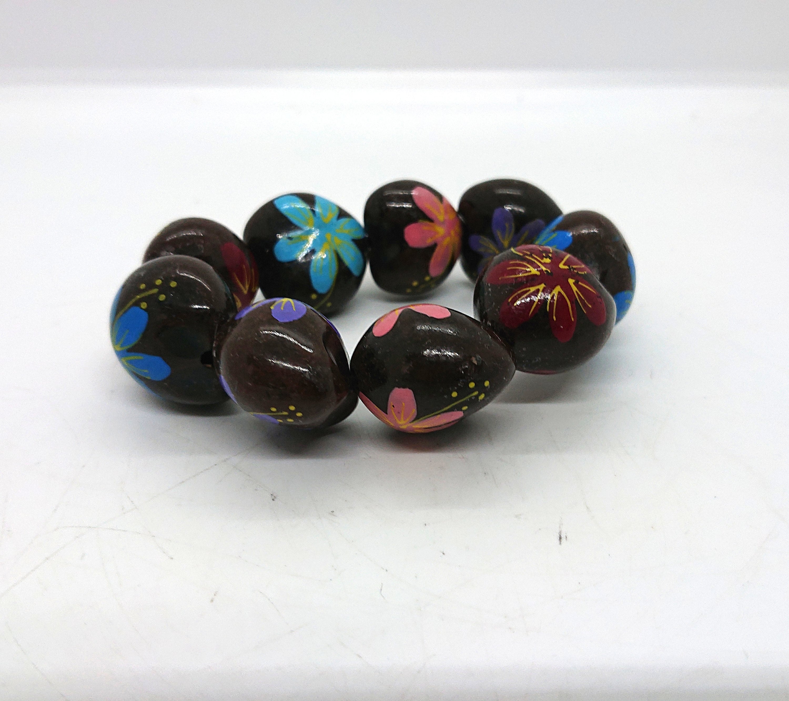 Vintage Wooden Chunky Floral Heart Link Bangle Boho Bohemian Beaded Natural Wood Costume Jewellery Jewelry Hippie