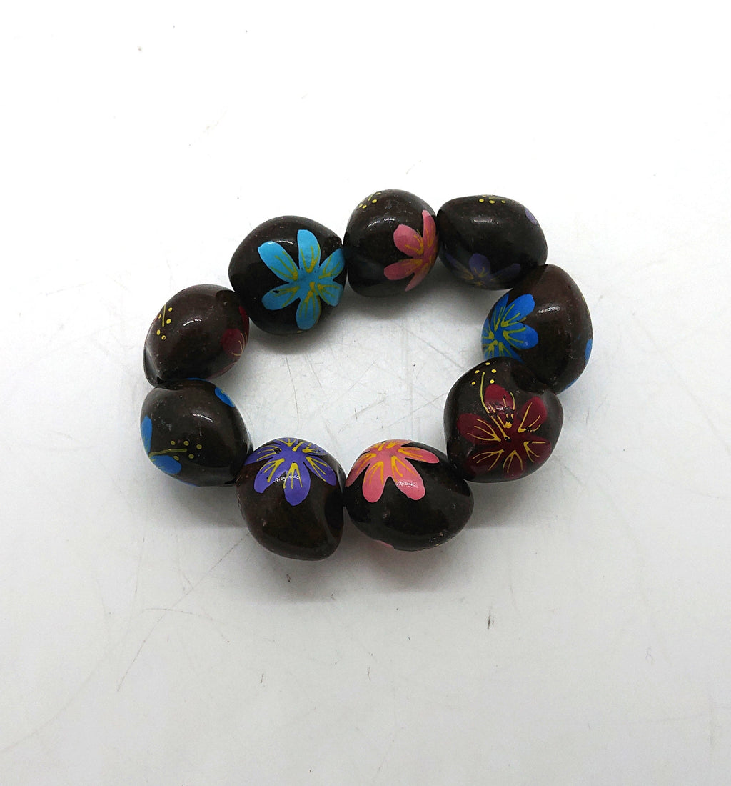Vintage Wooden Chunky Floral Heart Link Bangle Boho Bohemian Beaded Natural Wood Costume Jewellery Jewelry Hippie
