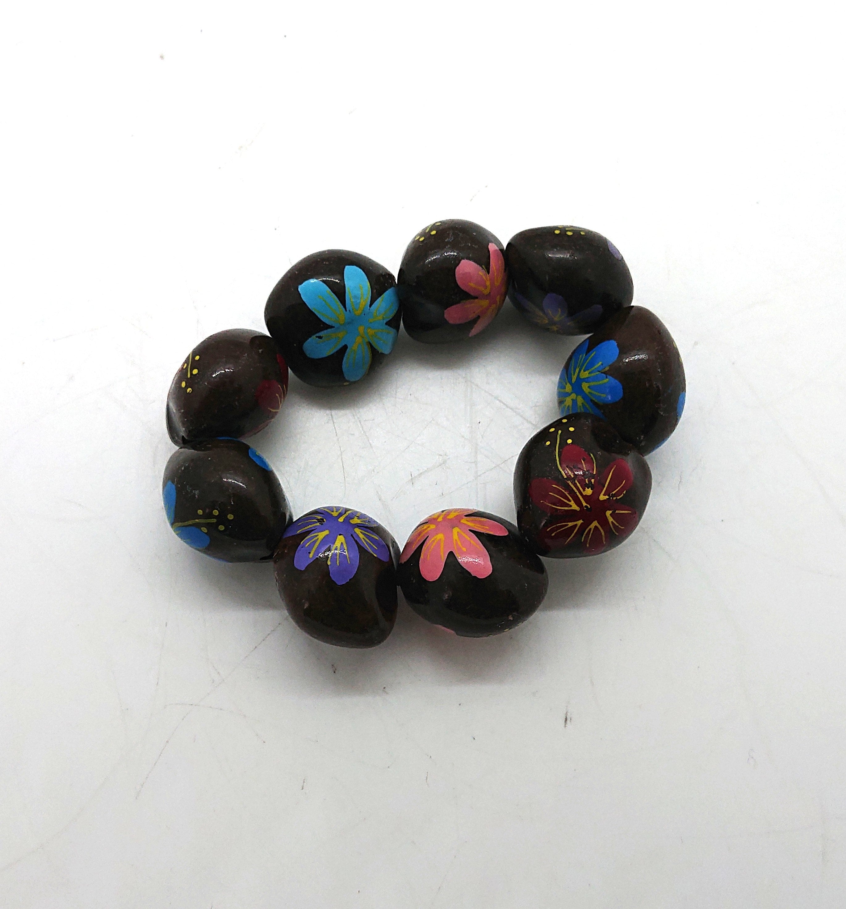 Vintage Wooden Chunky Floral Heart Link Bangle Boho Bohemian Beaded Natural Wood Costume Jewellery Jewelry Hippie