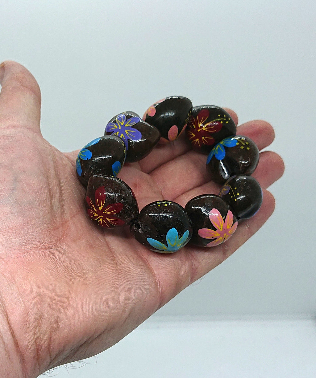 Vintage Wooden Chunky Floral Heart Link Bangle Boho Bohemian Beaded Natural Wood Costume Jewellery Jewelry Hippie
