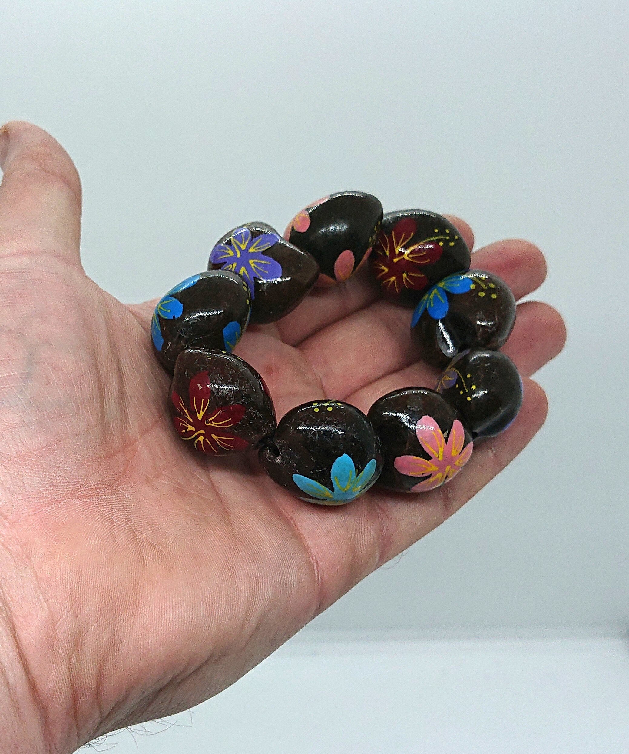 Vintage Wooden Chunky Floral Heart Link Bangle Boho Bohemian Beaded Natural Wood Costume Jewellery Jewelry Hippie