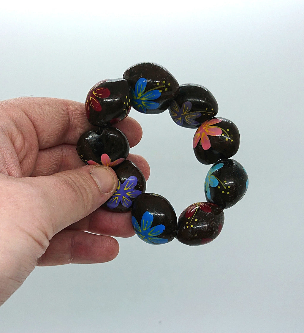Vintage Wooden Chunky Floral Heart Link Bangle Boho Bohemian Beaded Natural Wood Costume Jewellery Jewelry Hippie