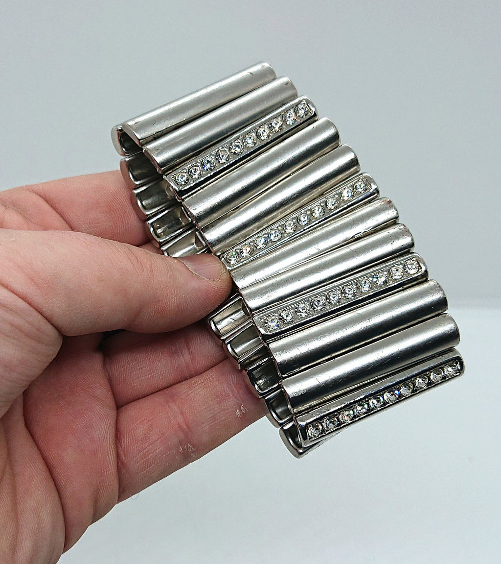 Vintage Silver Tone Rhinestone Bracelet, Chunky Glam Costume Jewelry