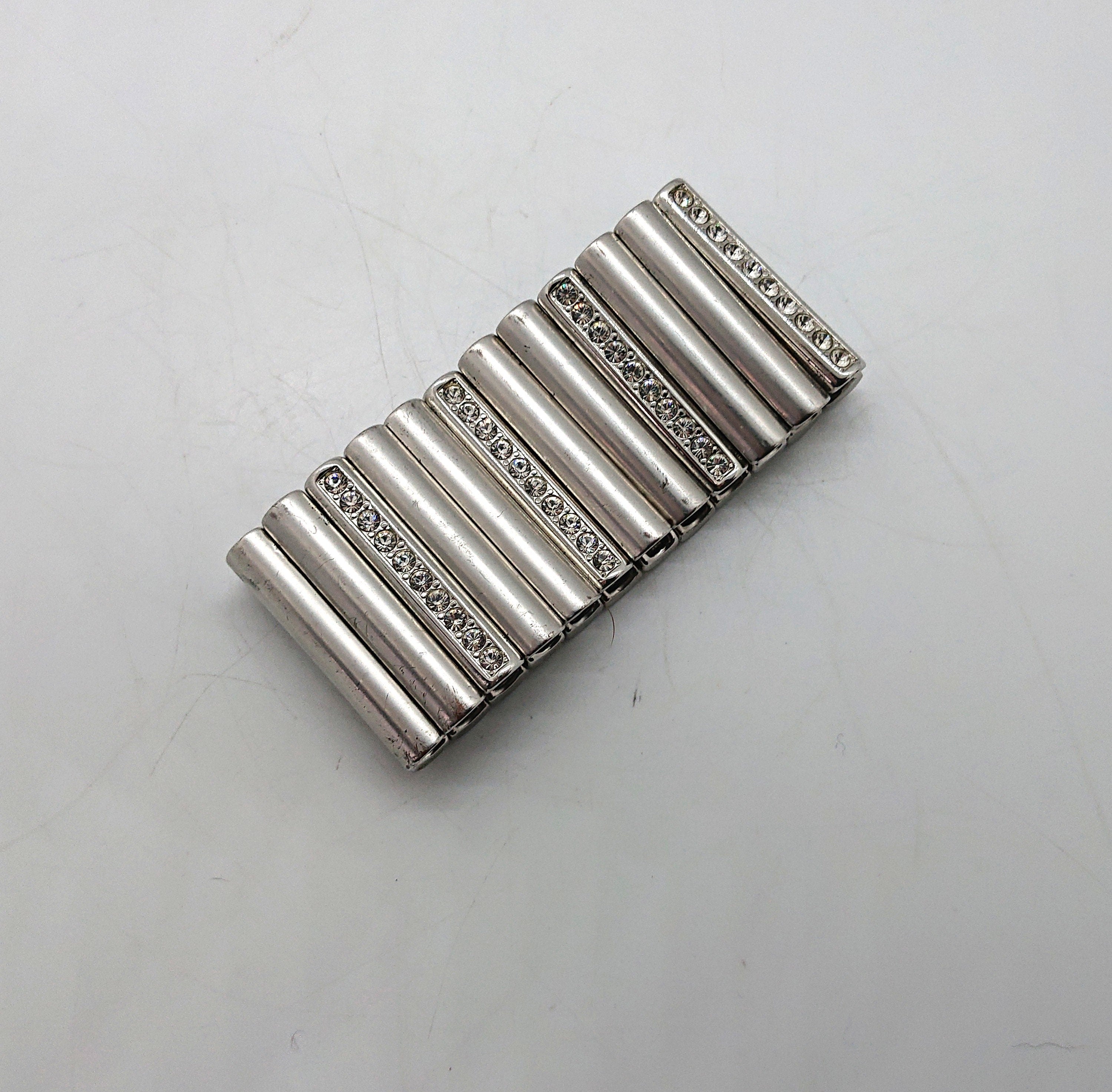 Vintage Silver Tone Rhinestone Bracelet, Chunky Glam Costume Jewelry