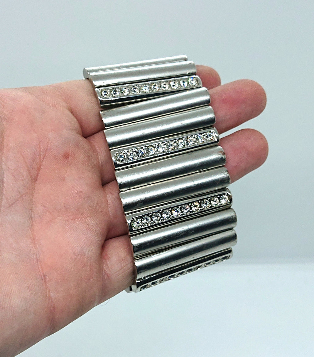 Vintage Silver Tone Rhinestone Bracelet, Chunky Glam Costume Jewelry
