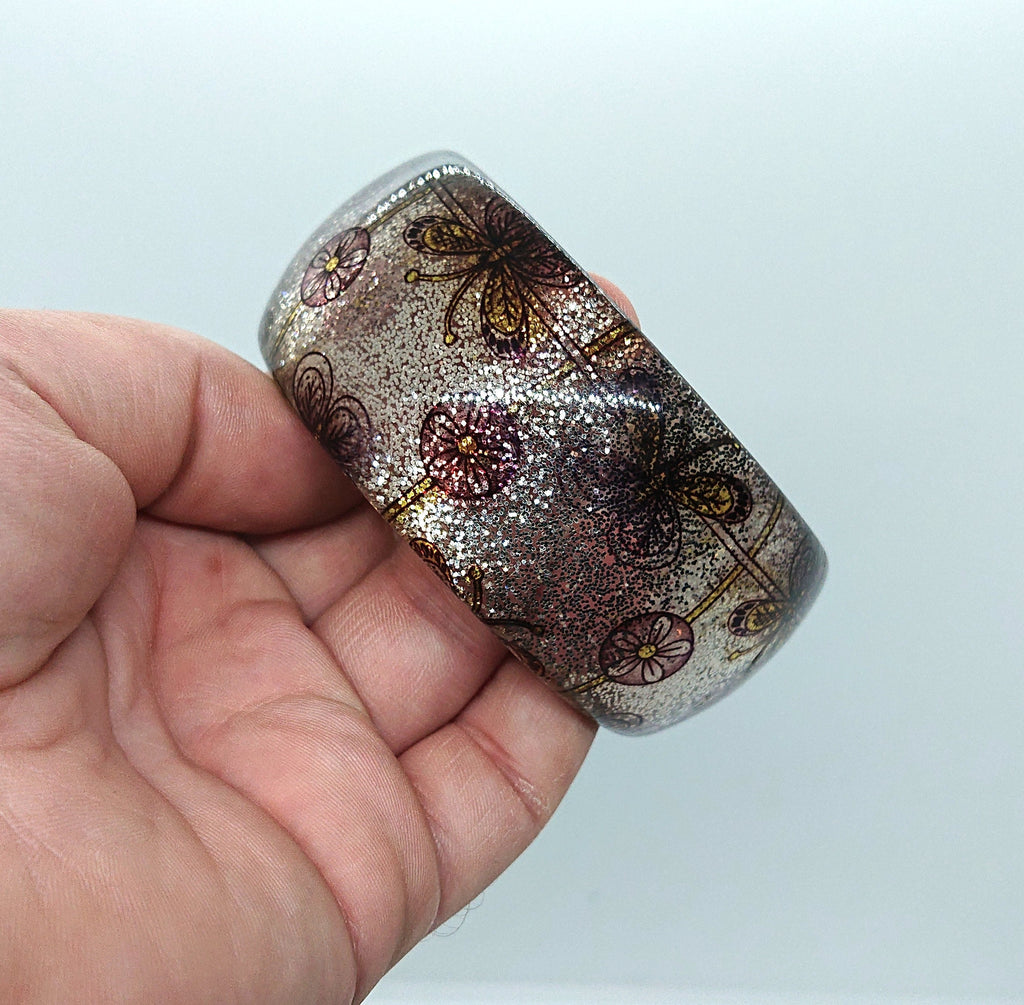 Vintage Chunky Lucite Bangle Butterfly Floral Glitter Bangle Costume Jewellery Jewelry