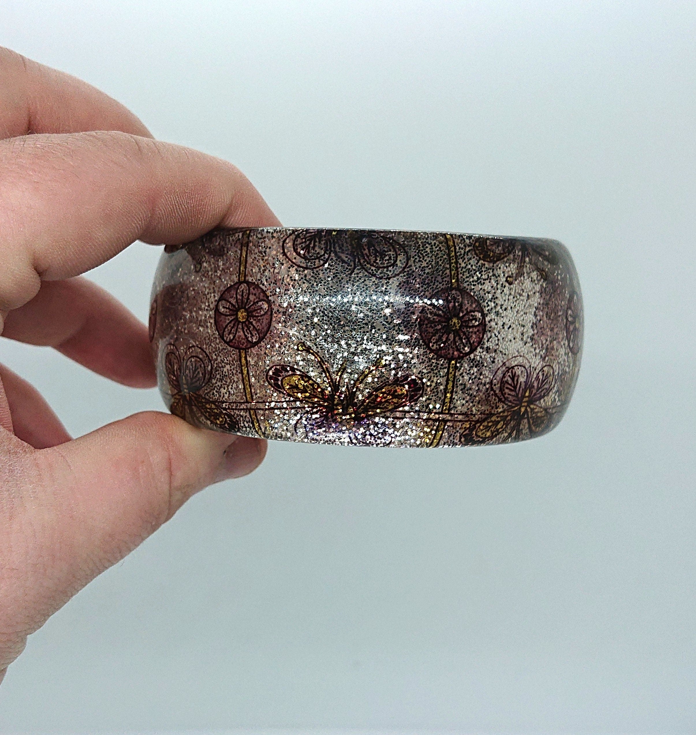 Vintage Chunky Lucite Bangle Butterfly Floral Glitter Bangle Costume Jewellery Jewelry