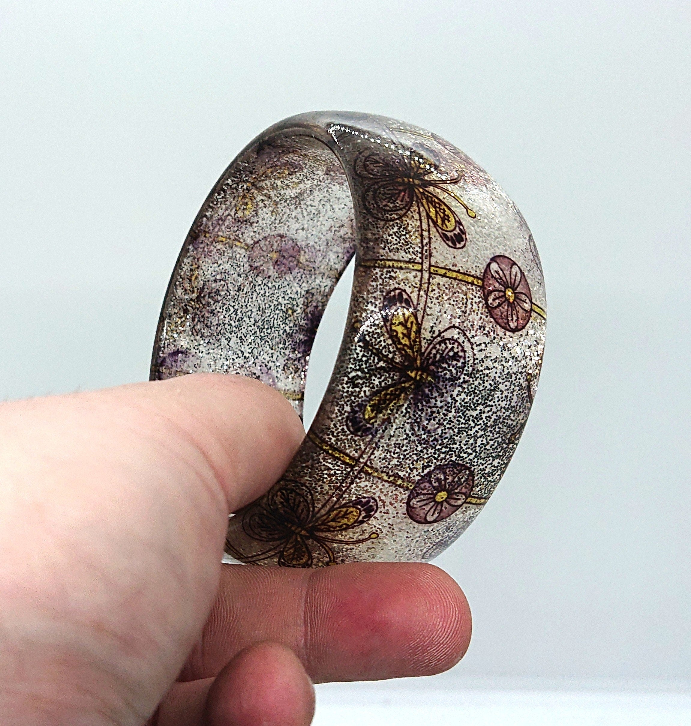 Vintage Chunky Lucite Bangle Butterfly Floral Glitter Bangle Costume Jewellery Jewelry