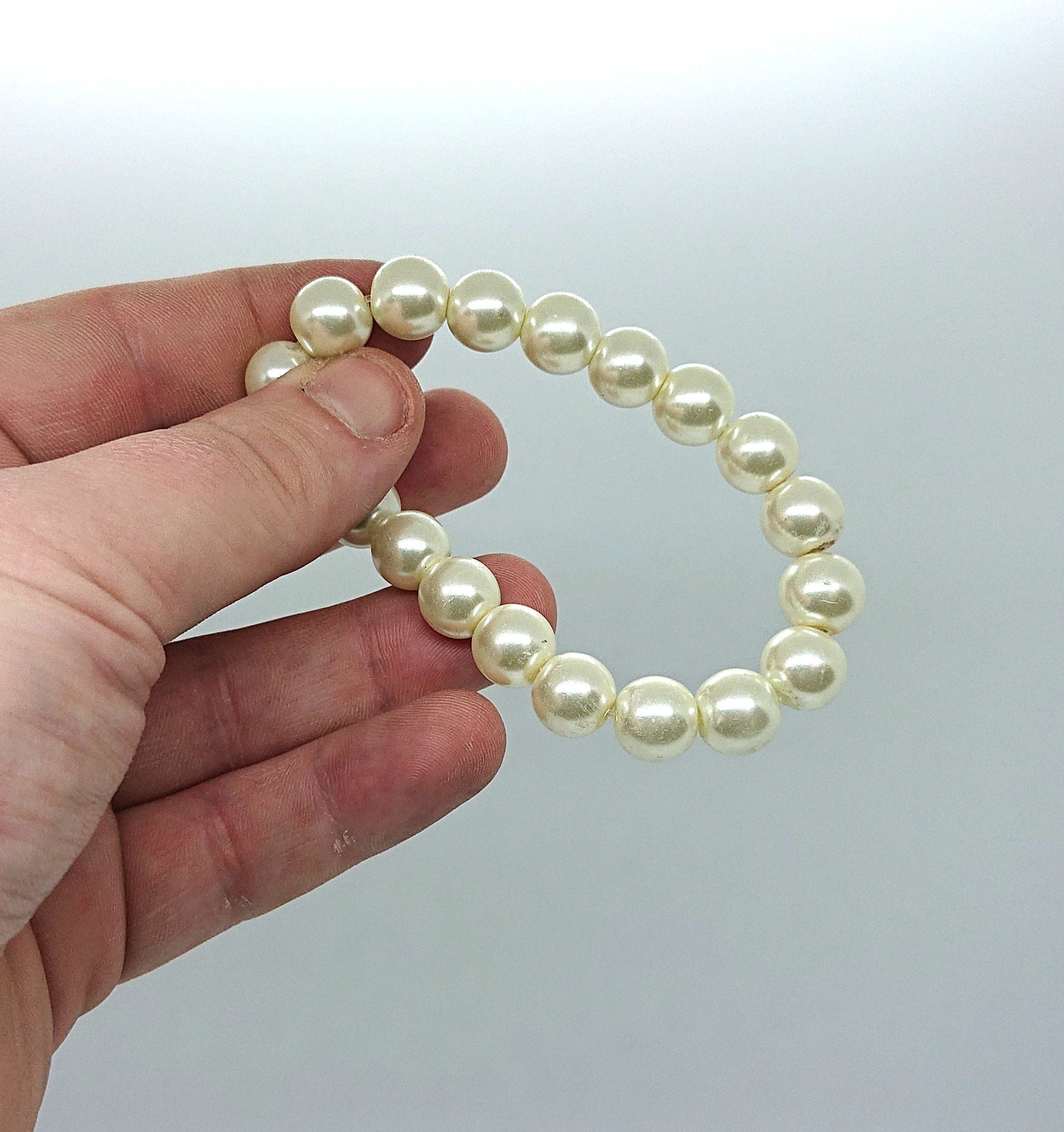 Vintage Faux Pearl Stretch Bracelet, Thick Champagne Pearls