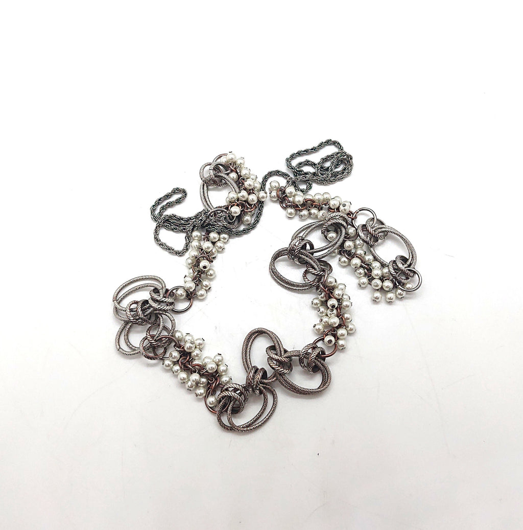 Vintage Silver Long Necklace Cluster Pearls with Silver Chain Necklace Costume Jewellery Jewelry