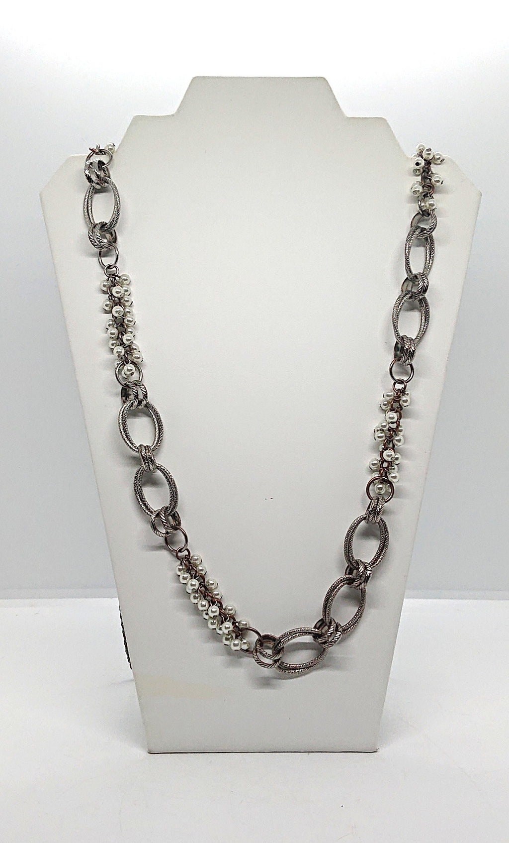 Vintage Silver Long Necklace Cluster Pearls with Silver Chain Necklace Costume Jewellery Jewelry
