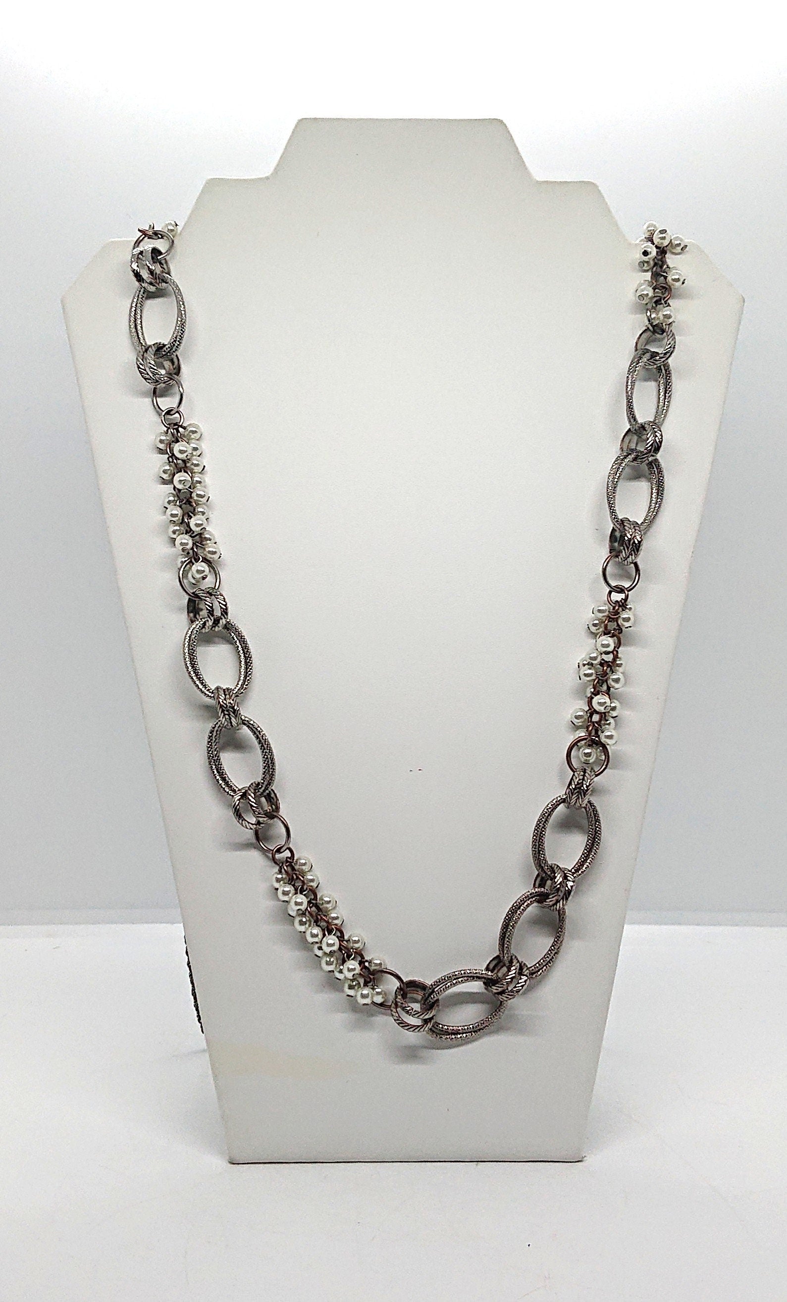Vintage Silver Long Necklace Cluster Pearls with Silver Chain Necklace Costume Jewellery Jewelry