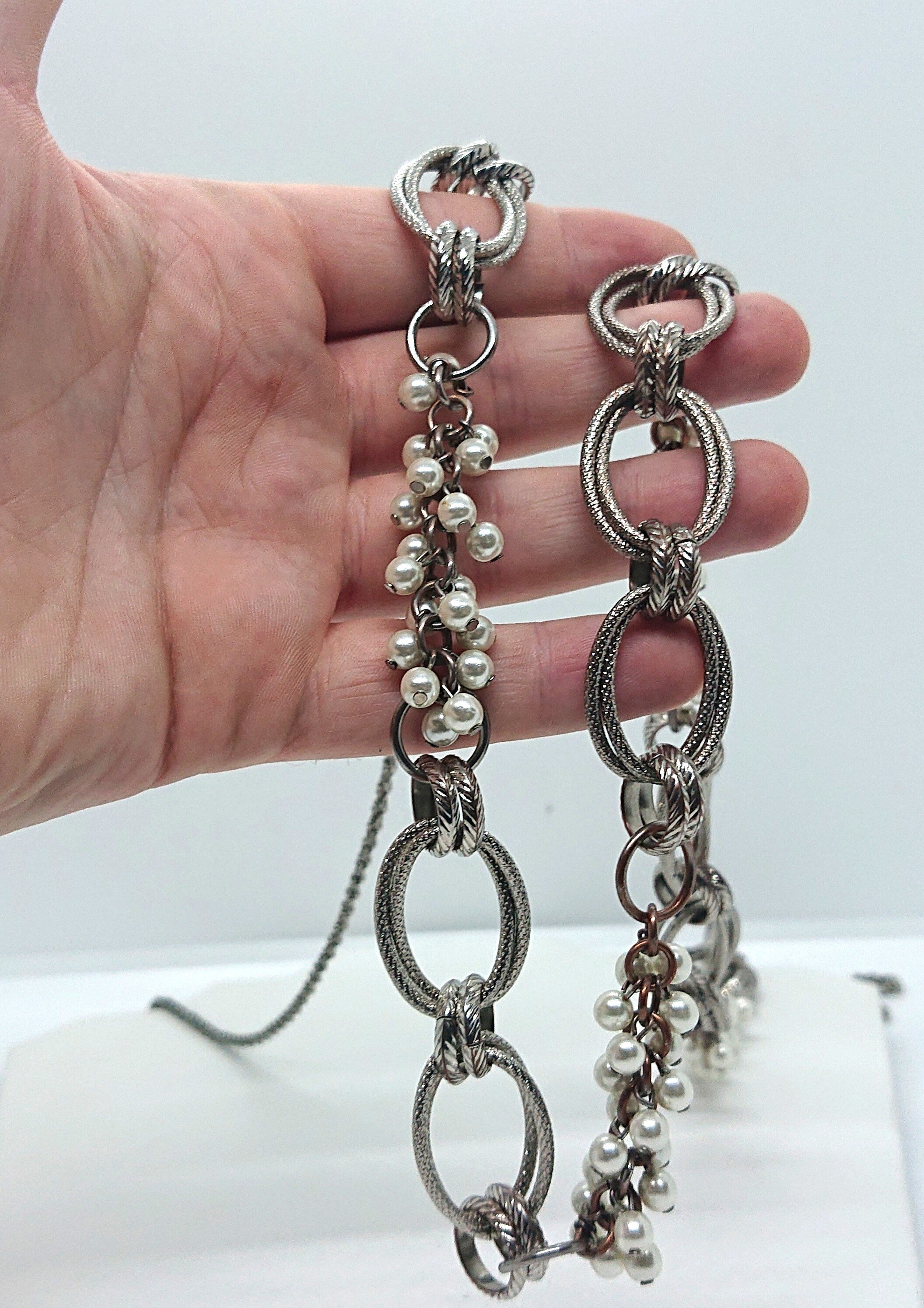 Vintage Silver Long Necklace Cluster Pearls with Silver Chain Necklace Costume Jewellery Jewelry