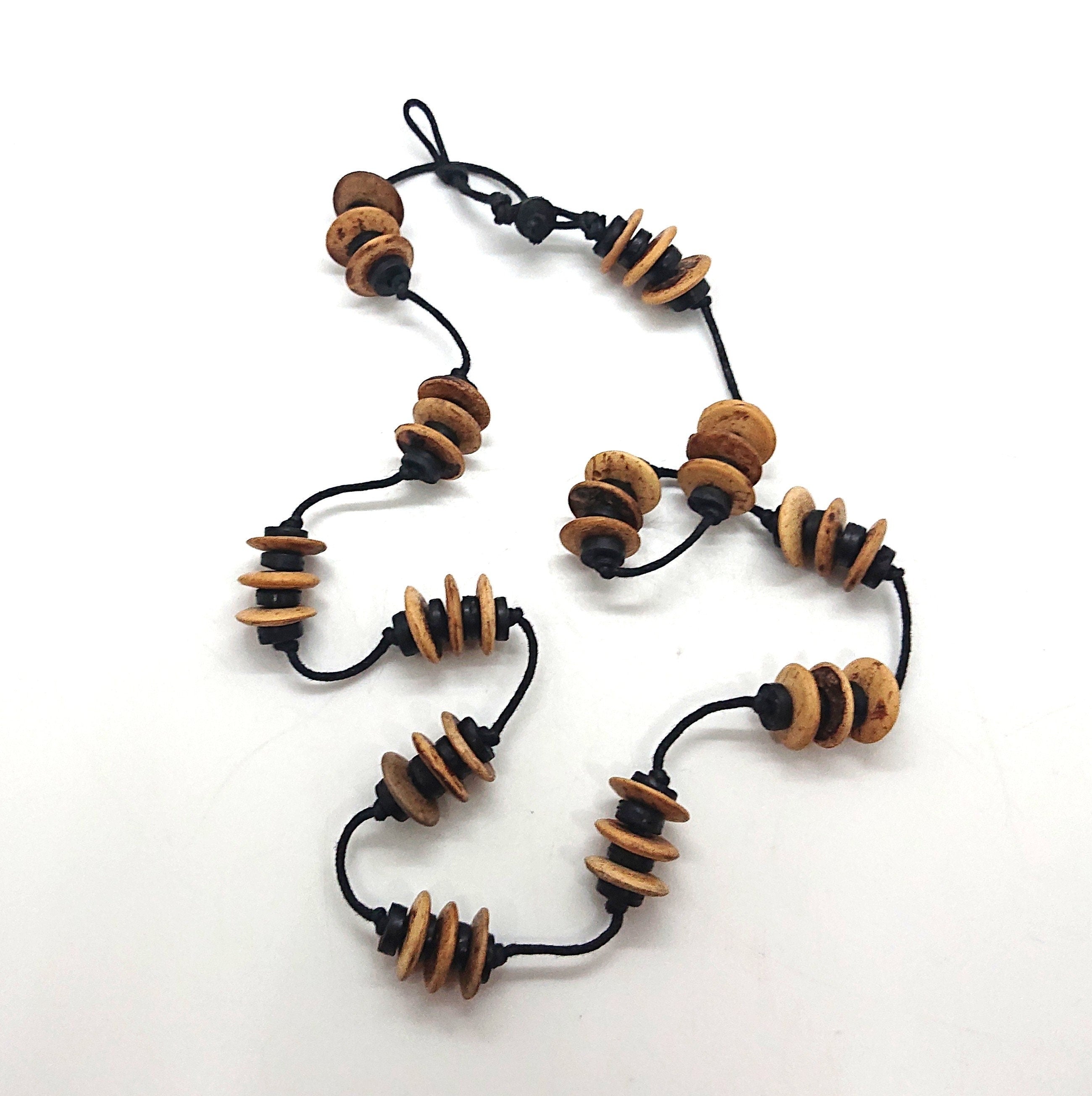 Vintage Wooden Necklace Boho Hippie Style Wooden Beaded Necklace Black and Brown Button Beads.