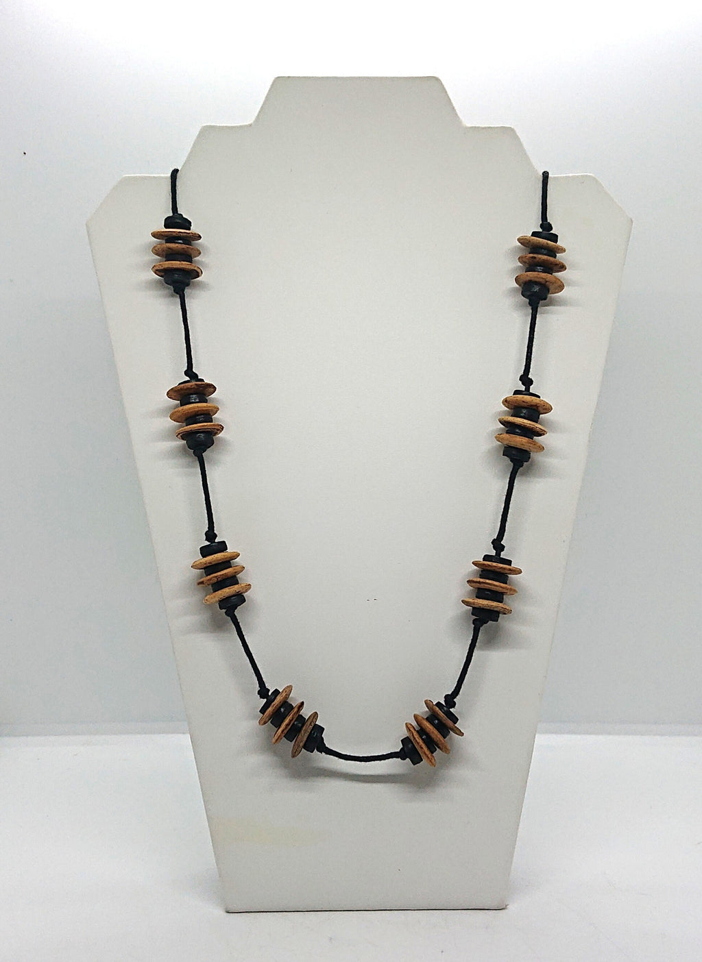 Vintage Wooden Necklace Boho Hippie Style Wooden Beaded Necklace Black and Brown Button Beads.