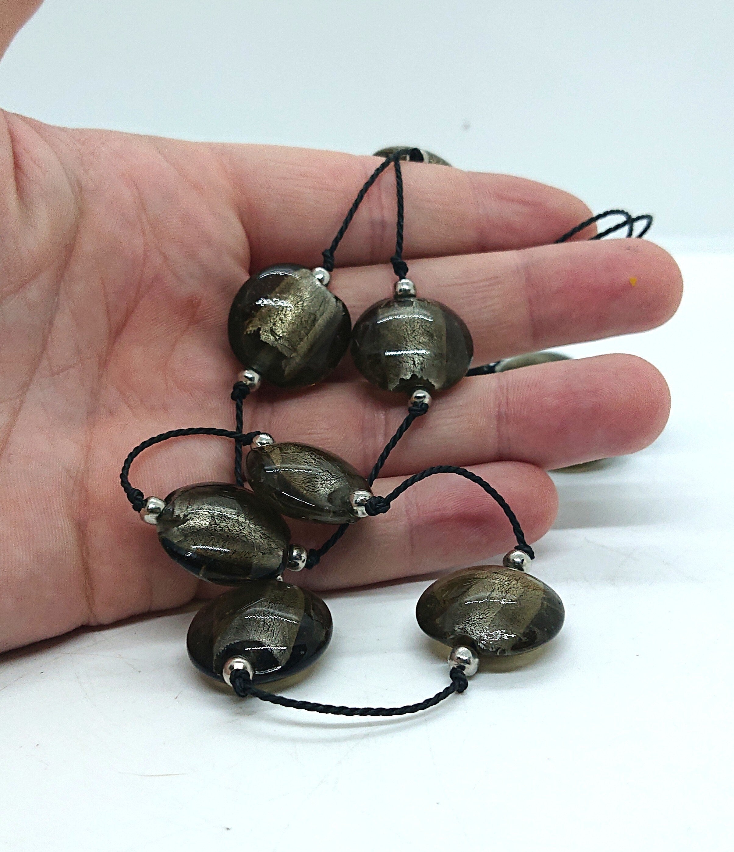 Vintage Glass Beaded Necklace Silver Foil Glass Costume Jewellery Jewelry Black Leather Strap