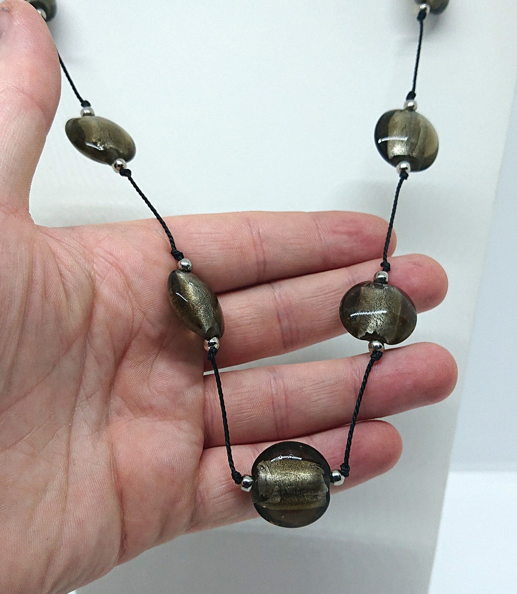 Vintage Glass Beaded Necklace Silver Foil Glass Costume Jewellery Jewelry Black Leather Strap