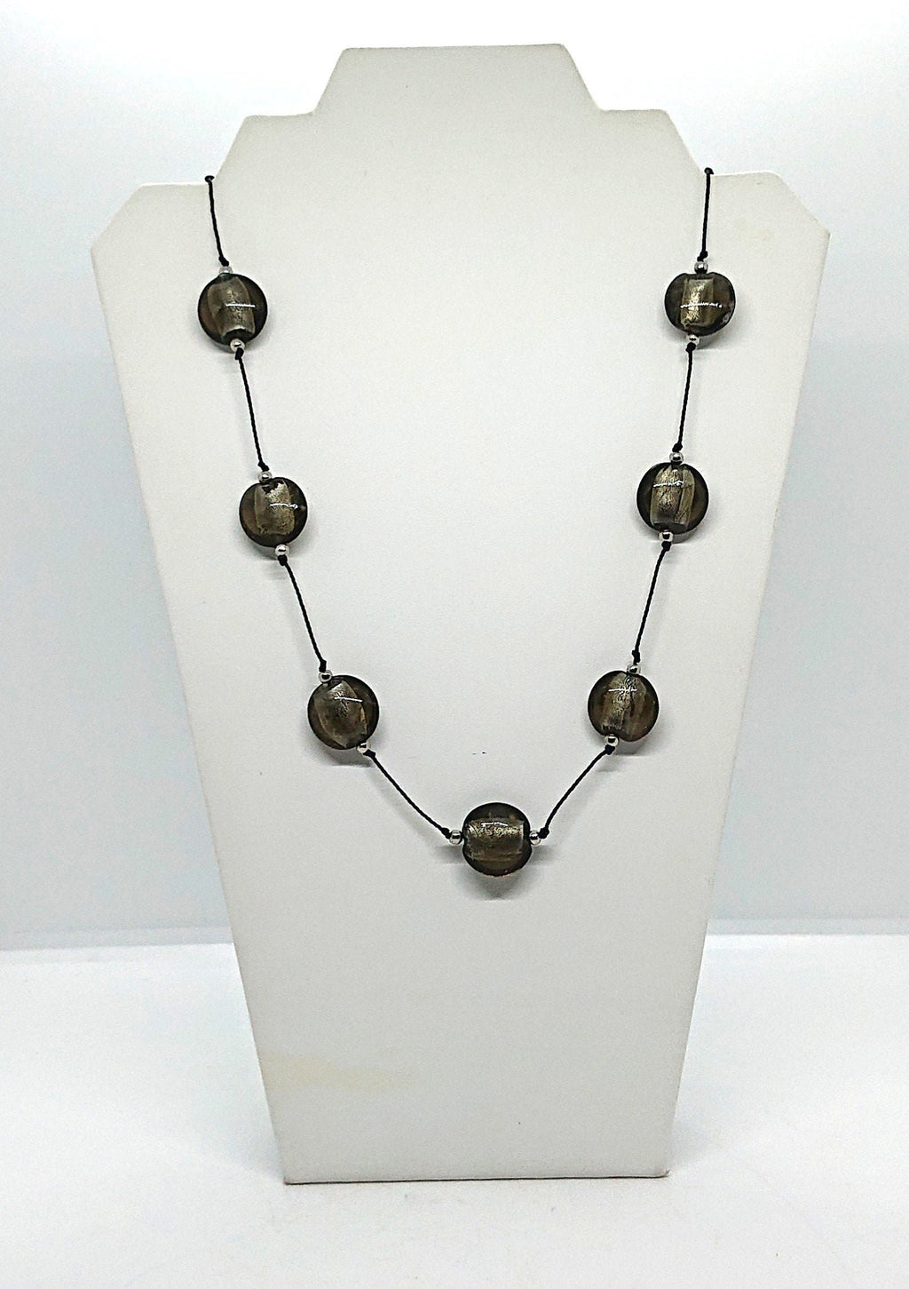 Vintage Glass Beaded Necklace Silver Foil Glass Costume Jewellery Jewelry Black Leather Strap