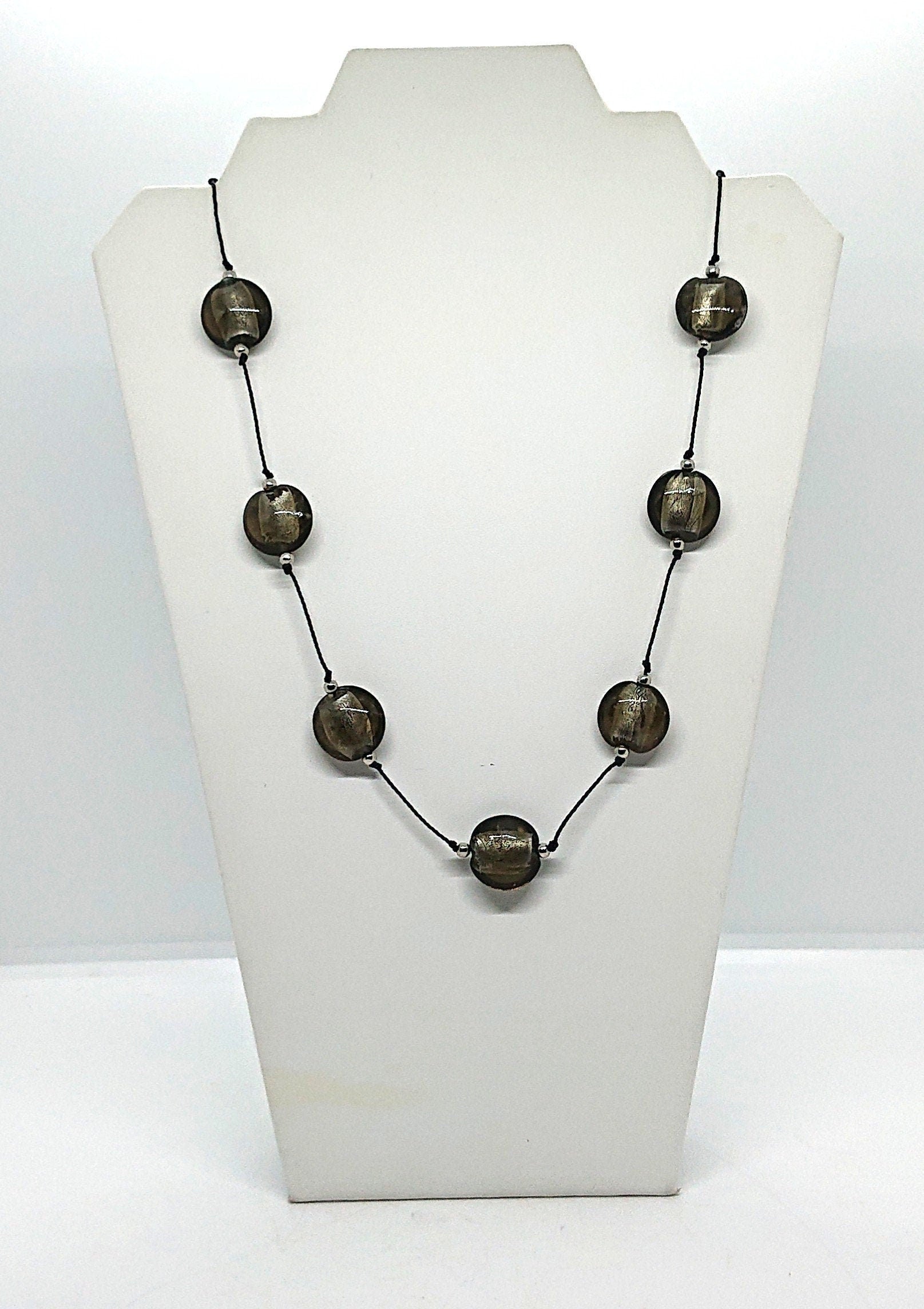 Vintage Glass Beaded Necklace Silver Foil Glass Costume Jewellery Jewelry Black Leather Strap