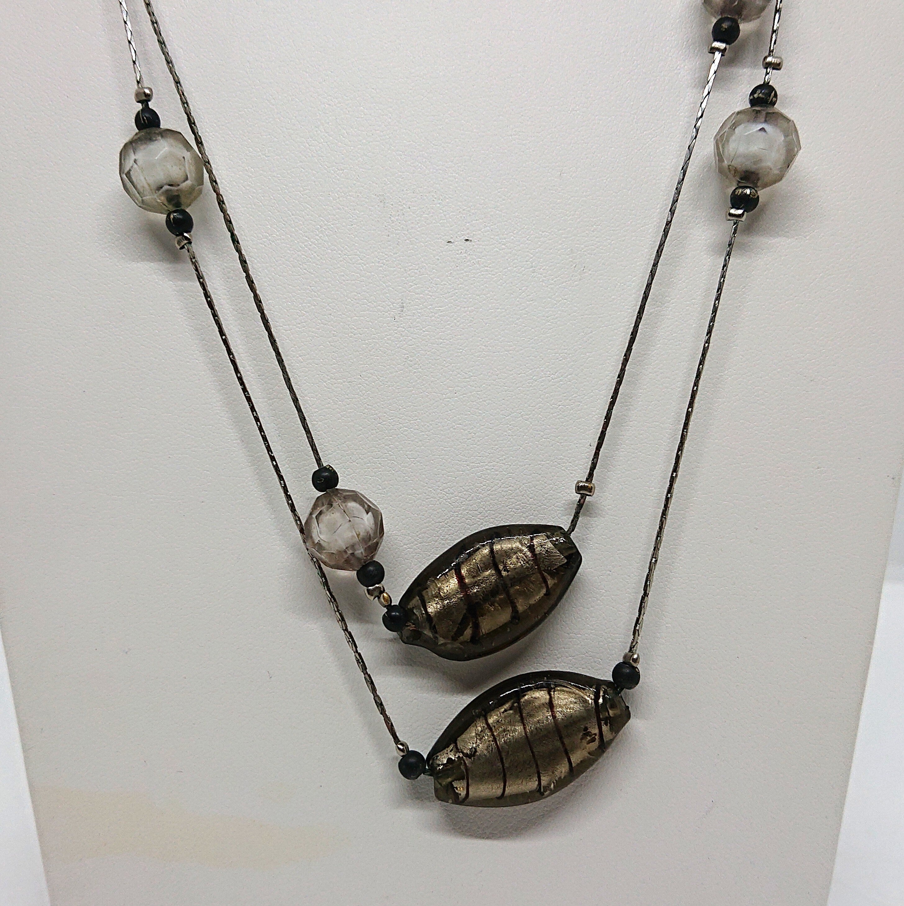 Vintage Long Foil Glass Beaded Necklace Glam Lucite 90's Costume Jewellery Jewelry