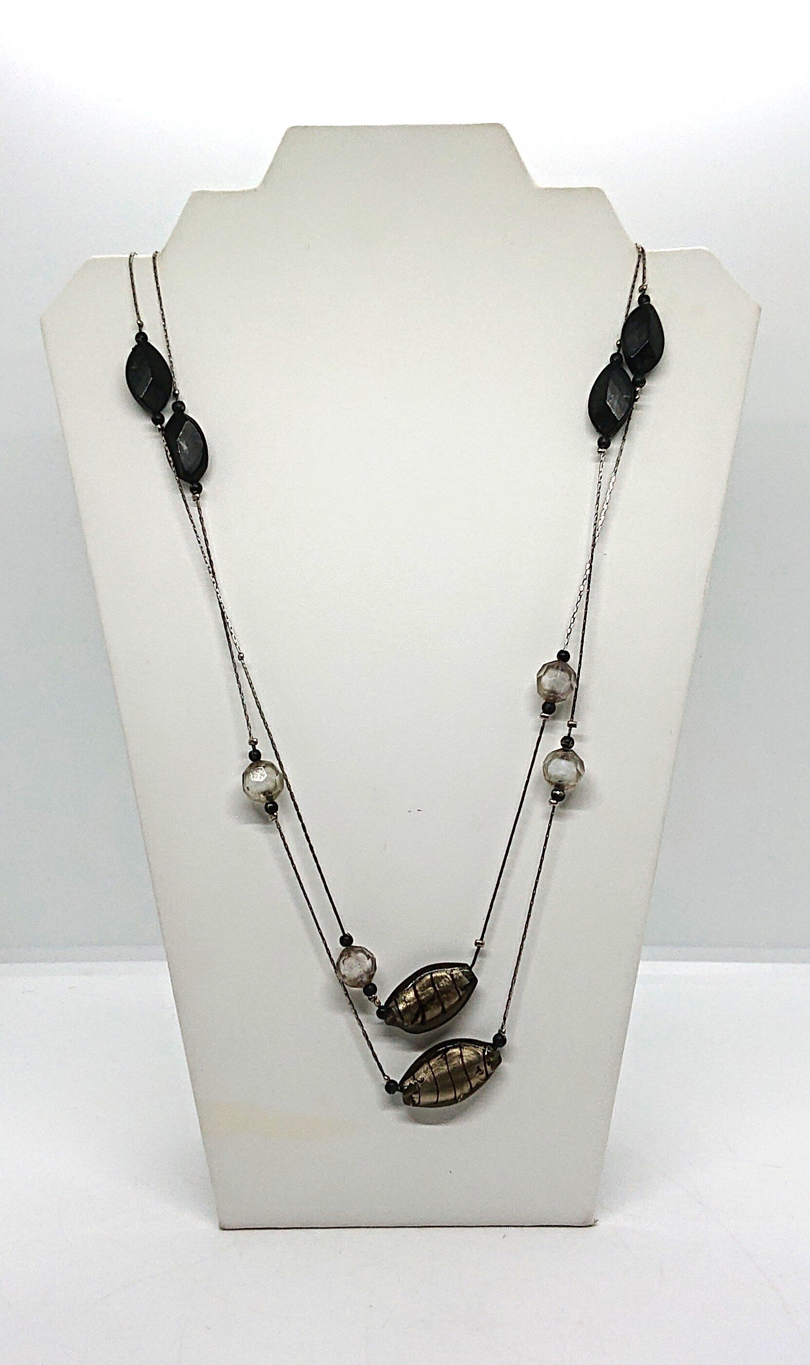Vintage Long Foil Glass Beaded Necklace Glam Lucite 90's Costume Jewellery Jewelry