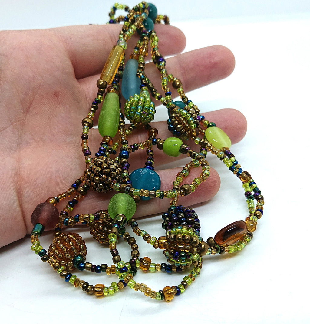 Vintage Seed Bead Necklace Retro Hippie Multi strand Green Blue Beaded Costume Jewellery Jewelry Festival Boho