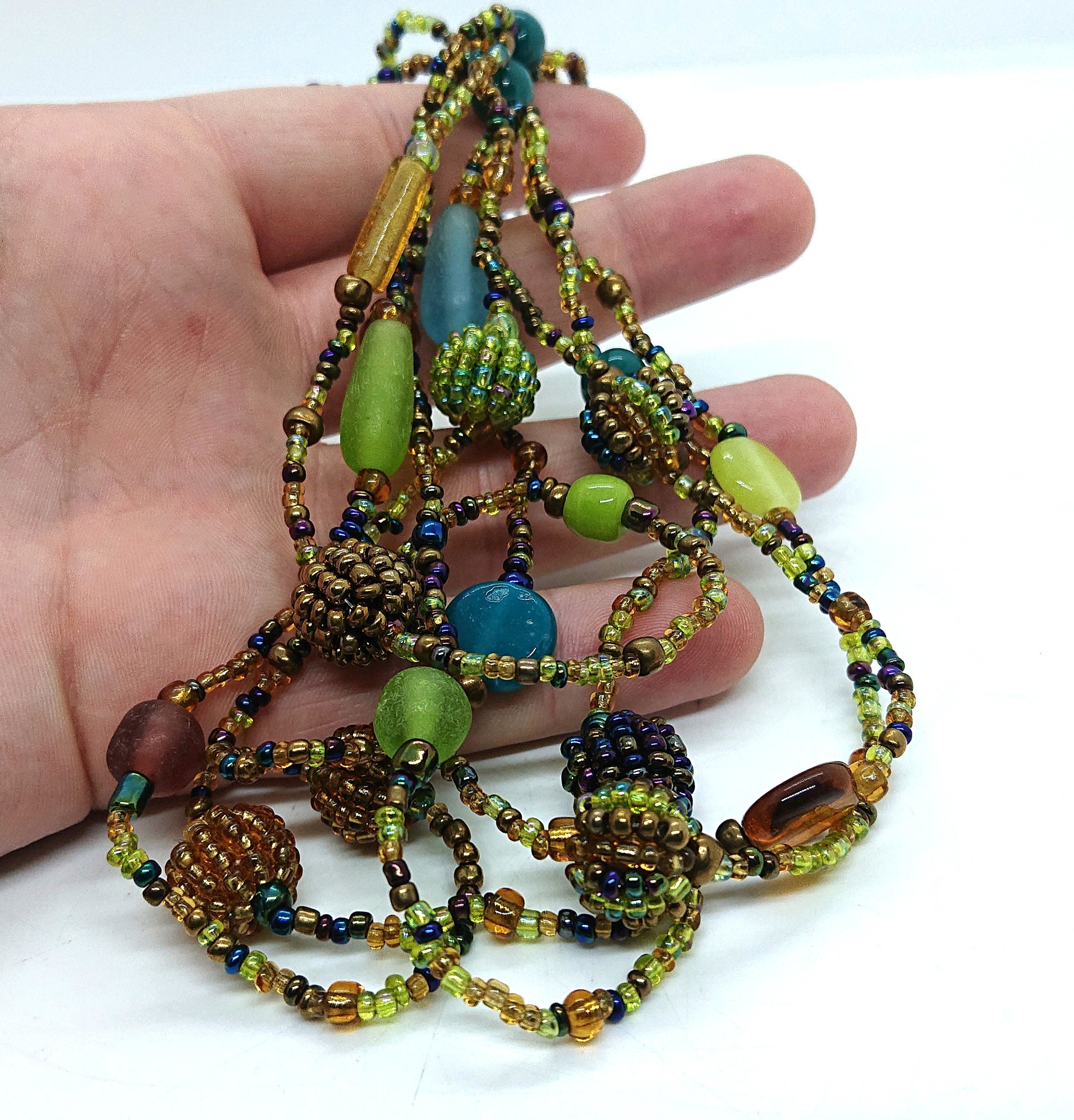 Vintage Seed Bead Necklace Retro Hippie Multi strand Green Blue Beaded Costume Jewellery Jewelry Festival Boho