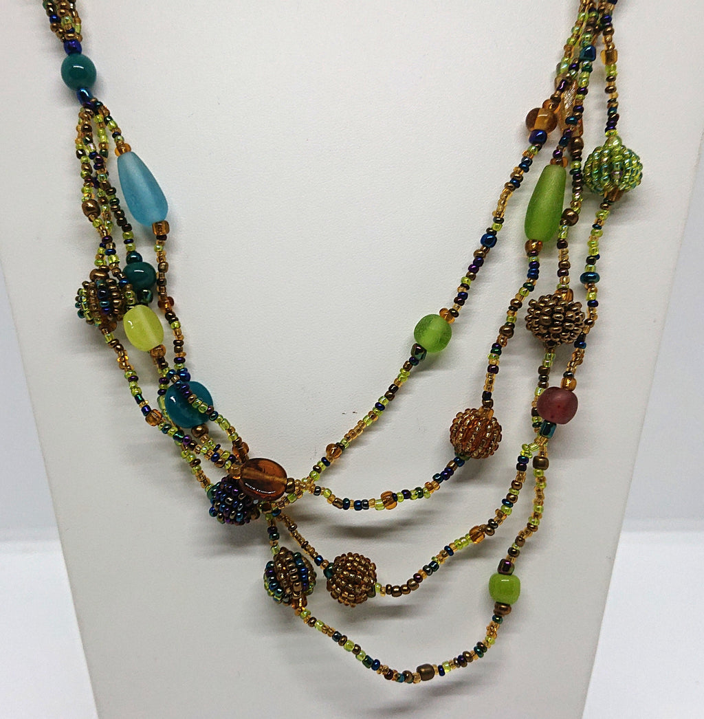 Vintage Seed Bead Necklace Retro Hippie Multi strand Green Blue Beaded Costume Jewellery Jewelry Festival Boho
