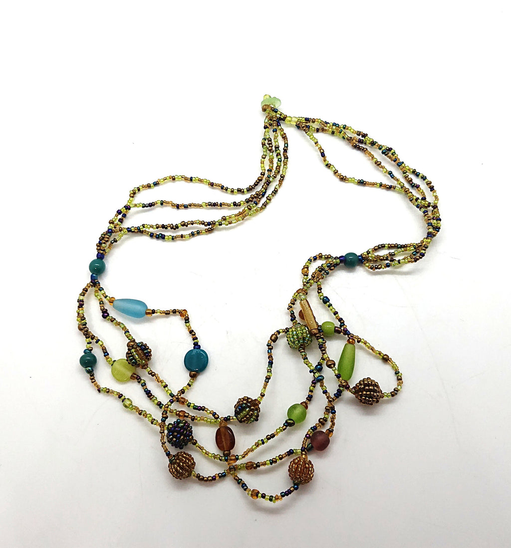 Vintage Seed Bead Necklace Retro Hippie Multi strand Green Blue Beaded Costume Jewellery Jewelry Festival Boho
