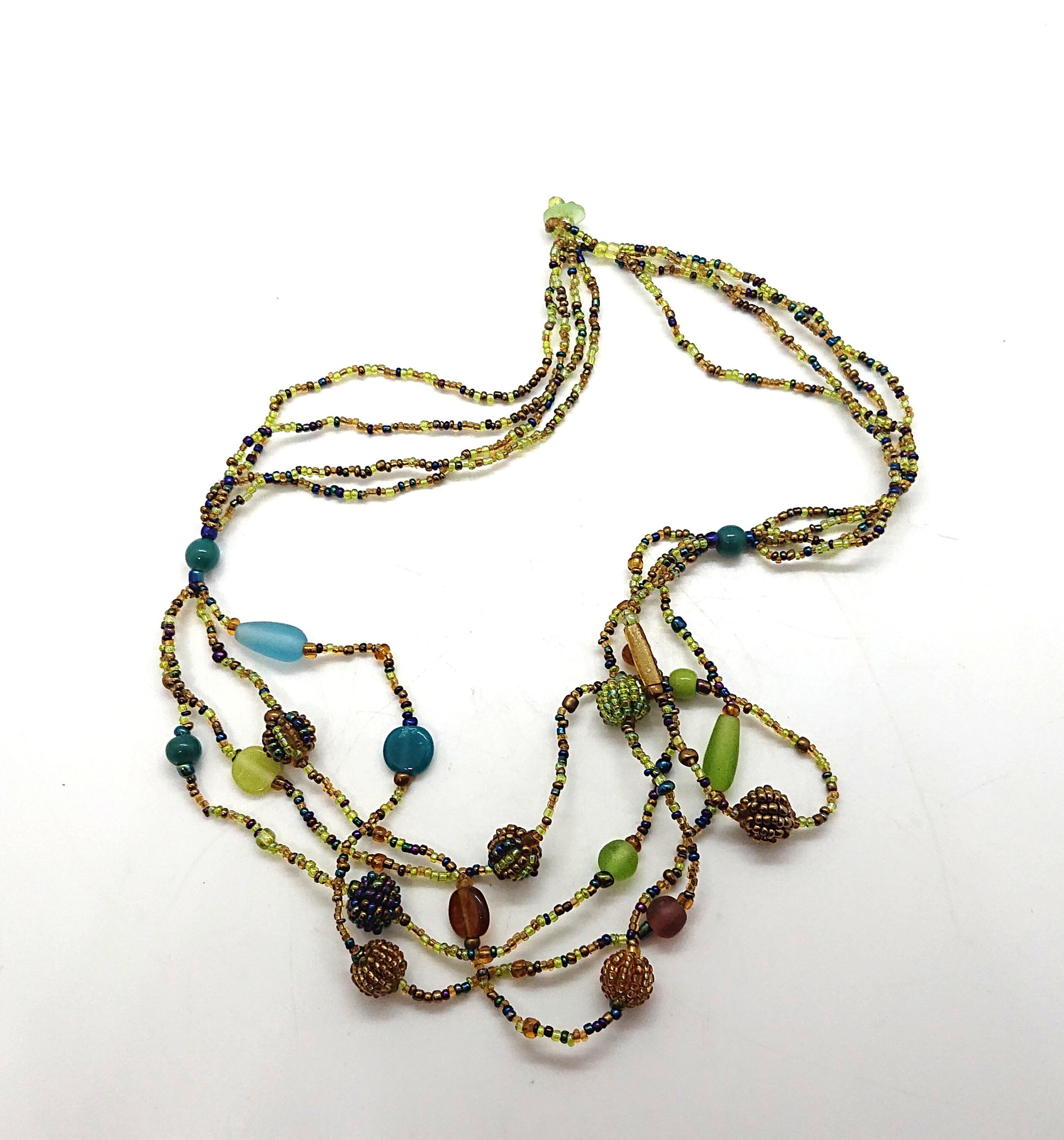 Vintage Seed Bead Necklace Retro Hippie Multi strand Green Blue Beaded Costume Jewellery Jewelry Festival Boho
