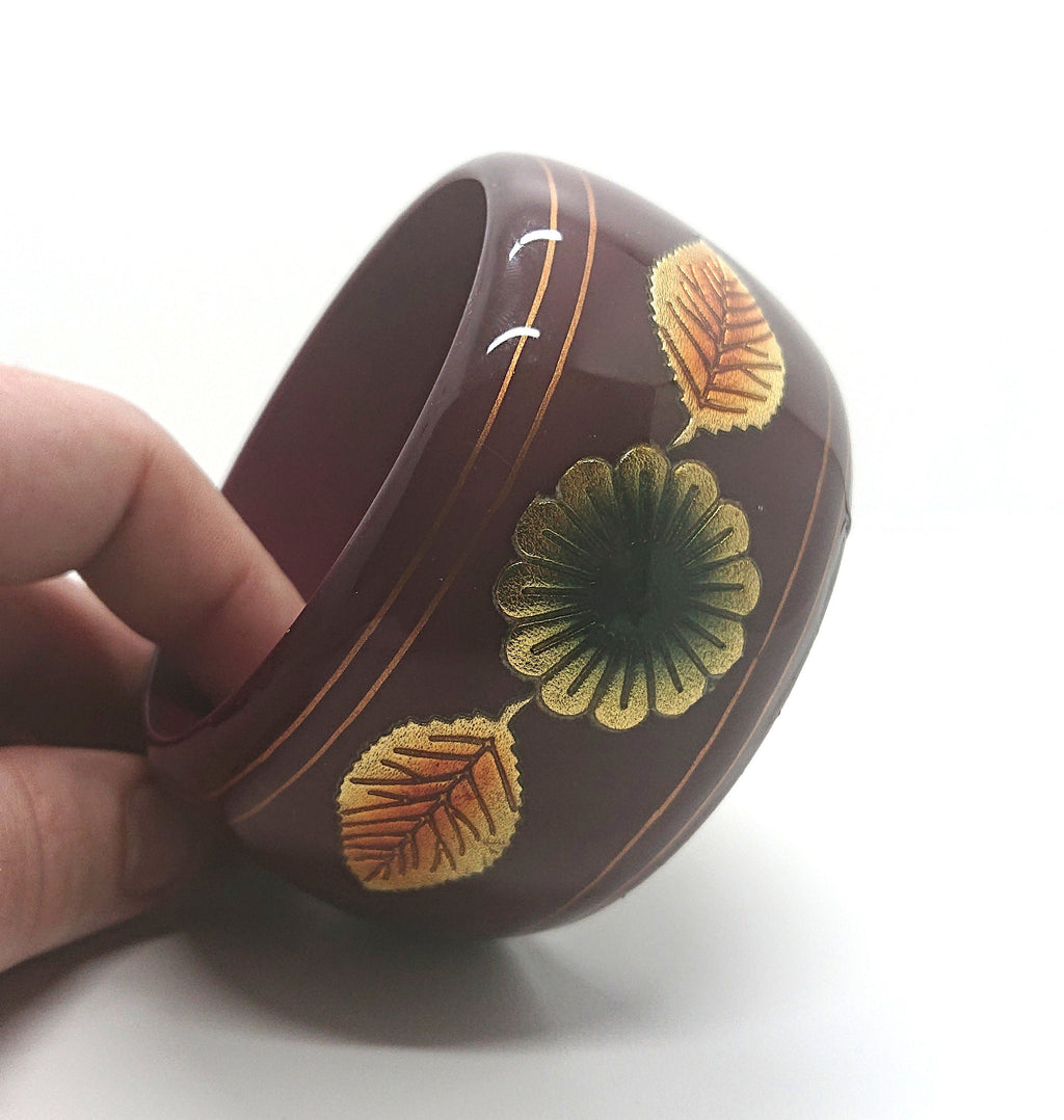 Vintage Chunky Leaf Bangle Floral Wooden Red, Gold and Green Bracelet Boho Hippie Costume Jewellery Jewelry