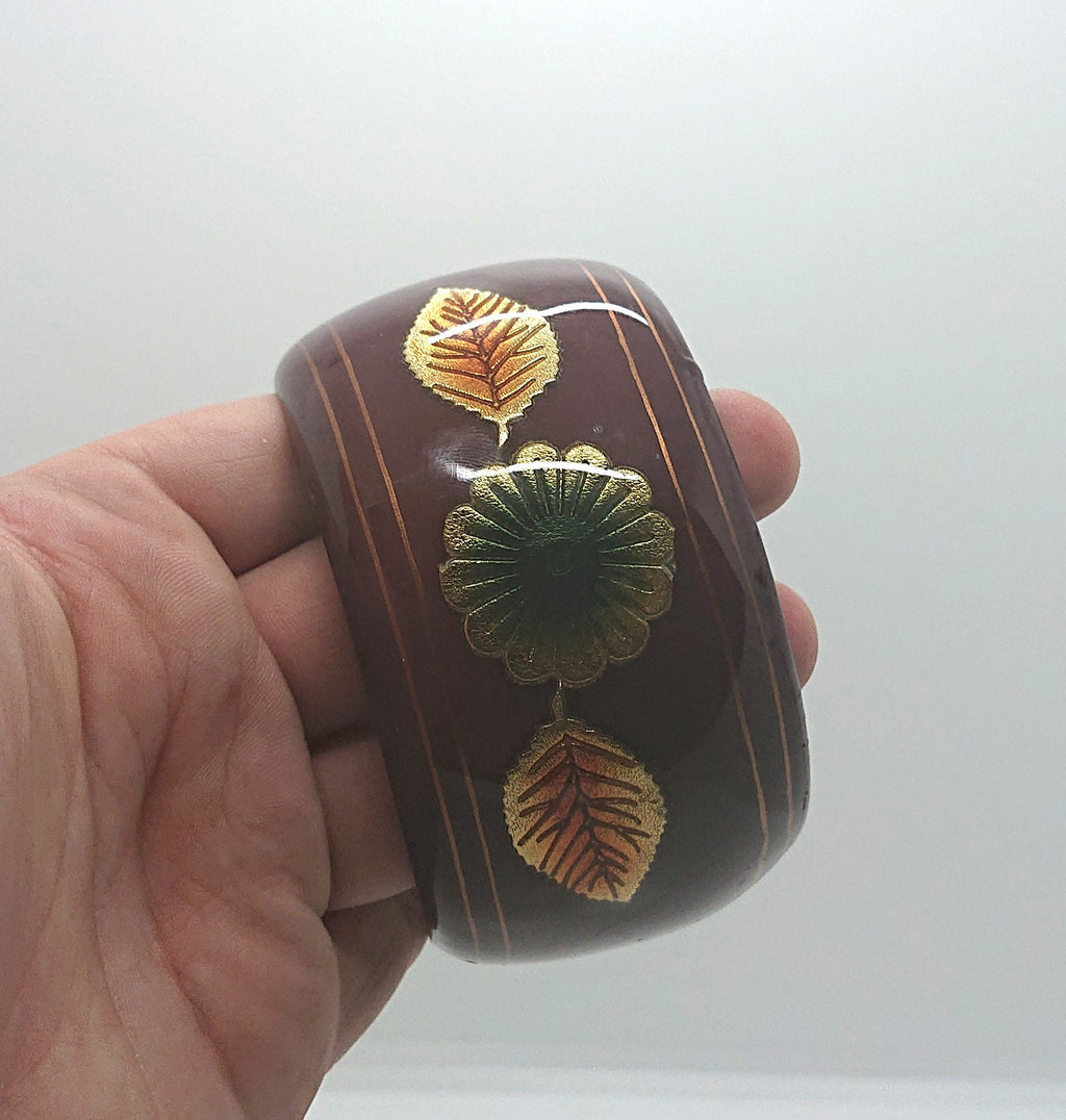 Vintage Chunky Leaf Bangle Floral Wooden Red, Gold and Green Bracelet Boho Hippie Costume Jewellery Jewelry
