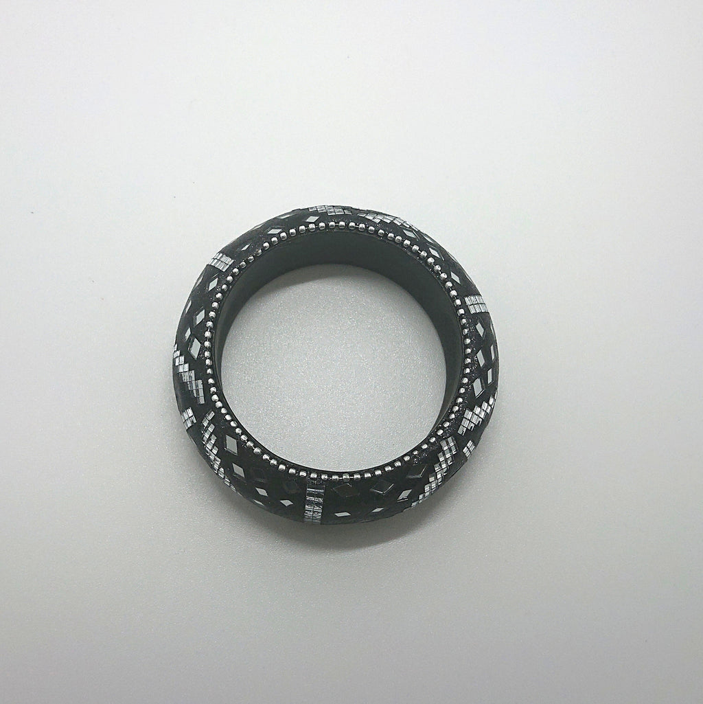 Vintage Chunky Glass Mosaique Art Black and Clear Oversized Costume Jewellery Jewelry Bracelet
