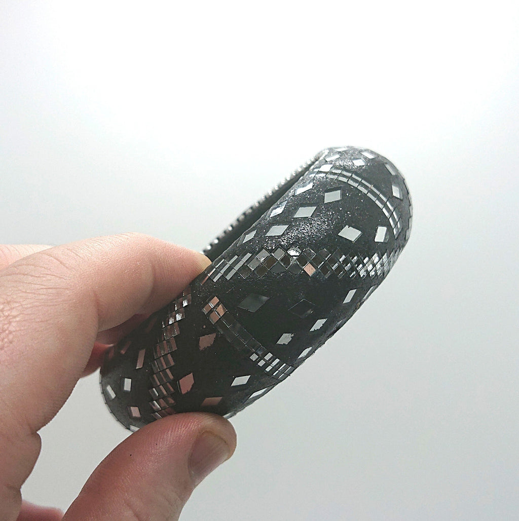 Vintage Chunky Glass Mosaique Art Black and Clear Oversized Costume Jewellery Jewelry Bracelet