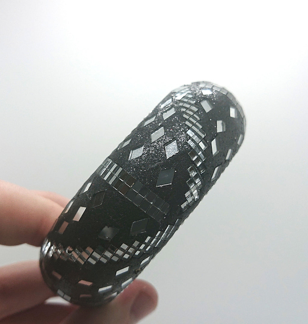 Vintage Chunky Glass Mosaique Art Black and Clear Oversized Costume Jewellery Jewelry Bracelet