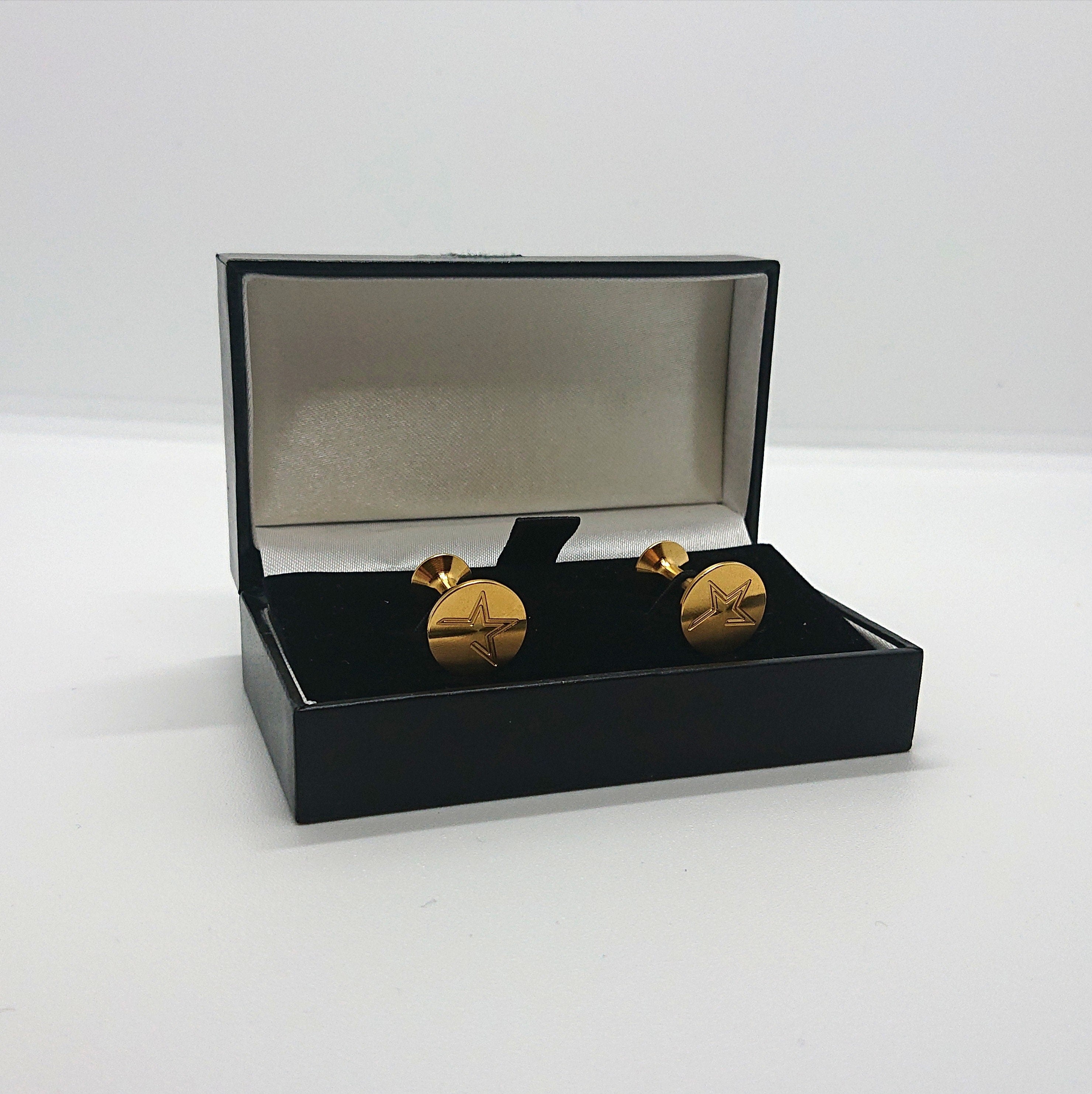 Vintage Boxed Gold Cufflinks Circular Star Gold Tone Metal Mens Cuff Links Jewellery Gift for Him Jewelry