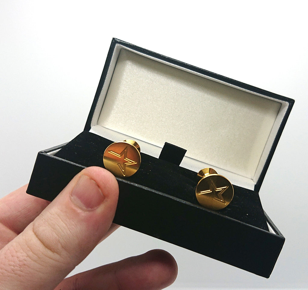 Vintage Boxed Gold Cufflinks Circular Star Gold Tone Metal Mens Cuff Links Jewellery Gift for Him Jewelry