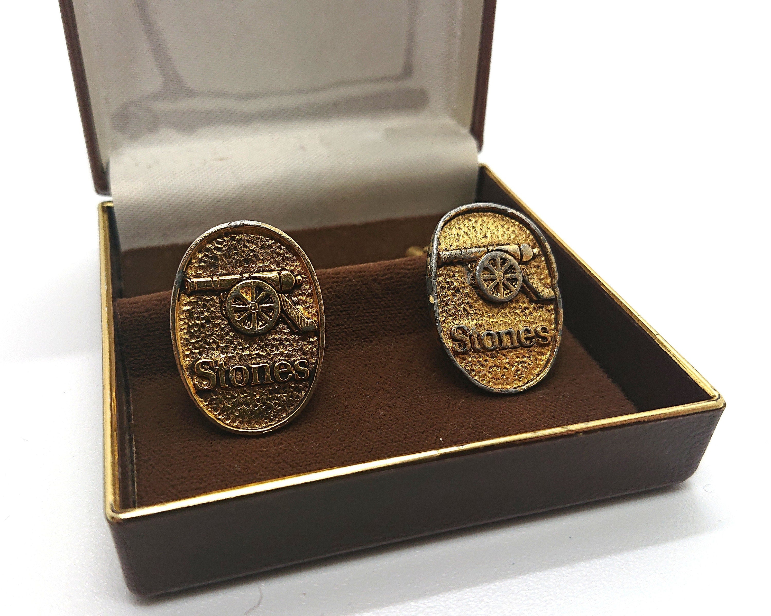 Vintage Stones Gold Cufflinks Original Box Vintage 1970's Cuff Links Silver Tone Metal Costume Jewellery Gift for Him