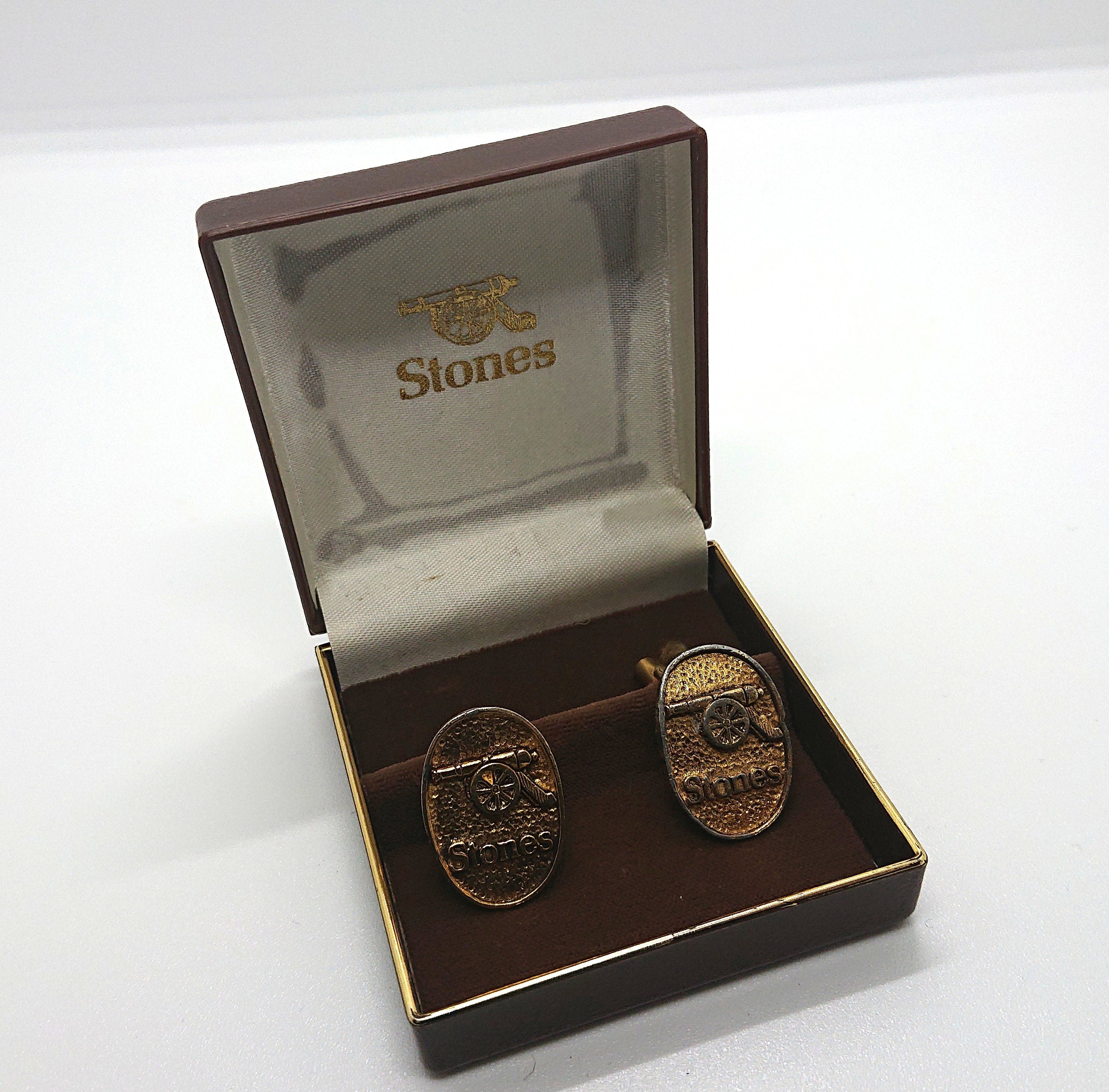 Vintage Stones Gold Cufflinks Original Box Vintage 1970's Cuff Links Silver Tone Metal Costume Jewellery Gift for Him