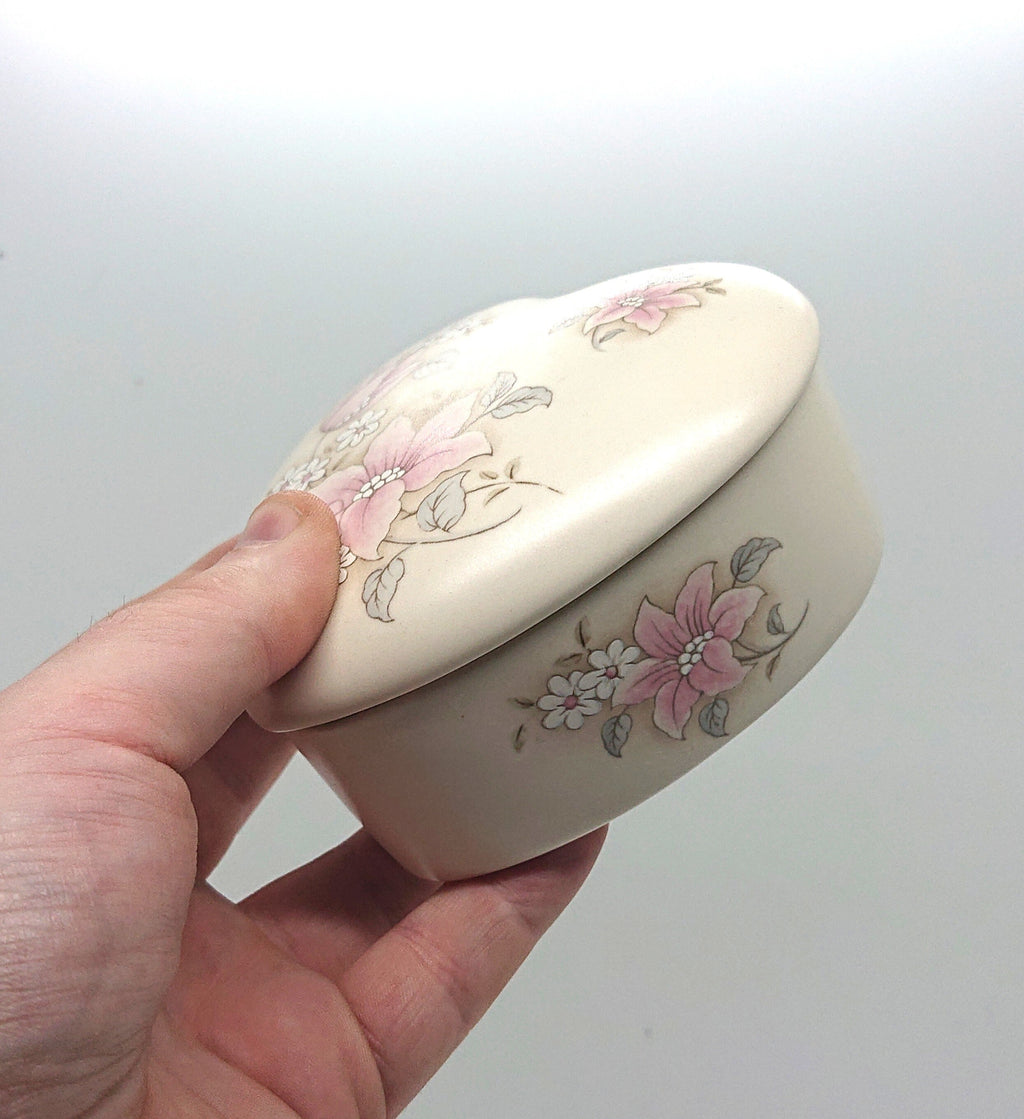 Vintage Heart Shaped Floral Trinket Dish, Aldridge Pottery Lidded Jewelry Box