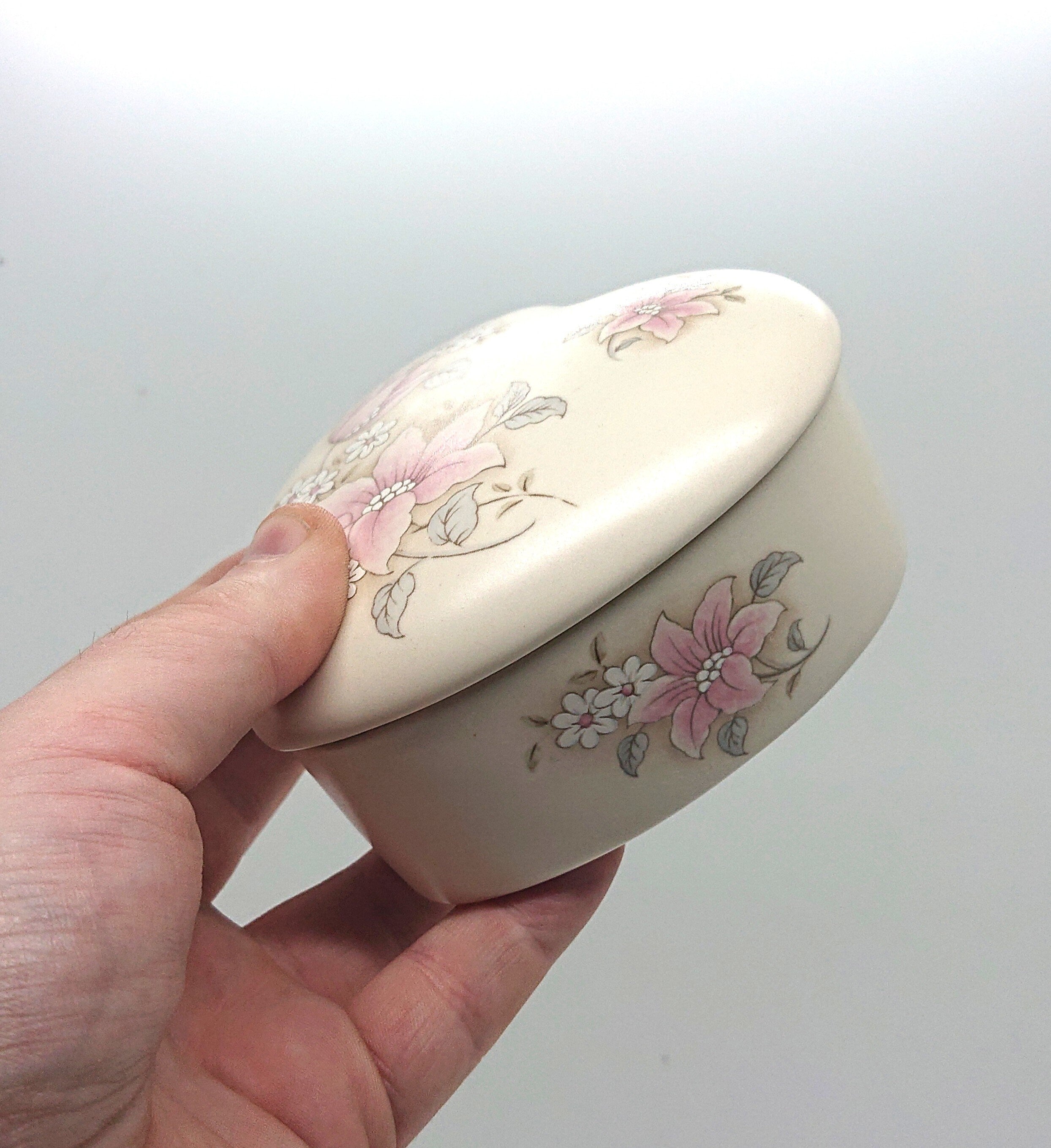 Vintage Heart Shaped Floral Trinket Dish, Aldridge Pottery Lidded Jewelry Box
