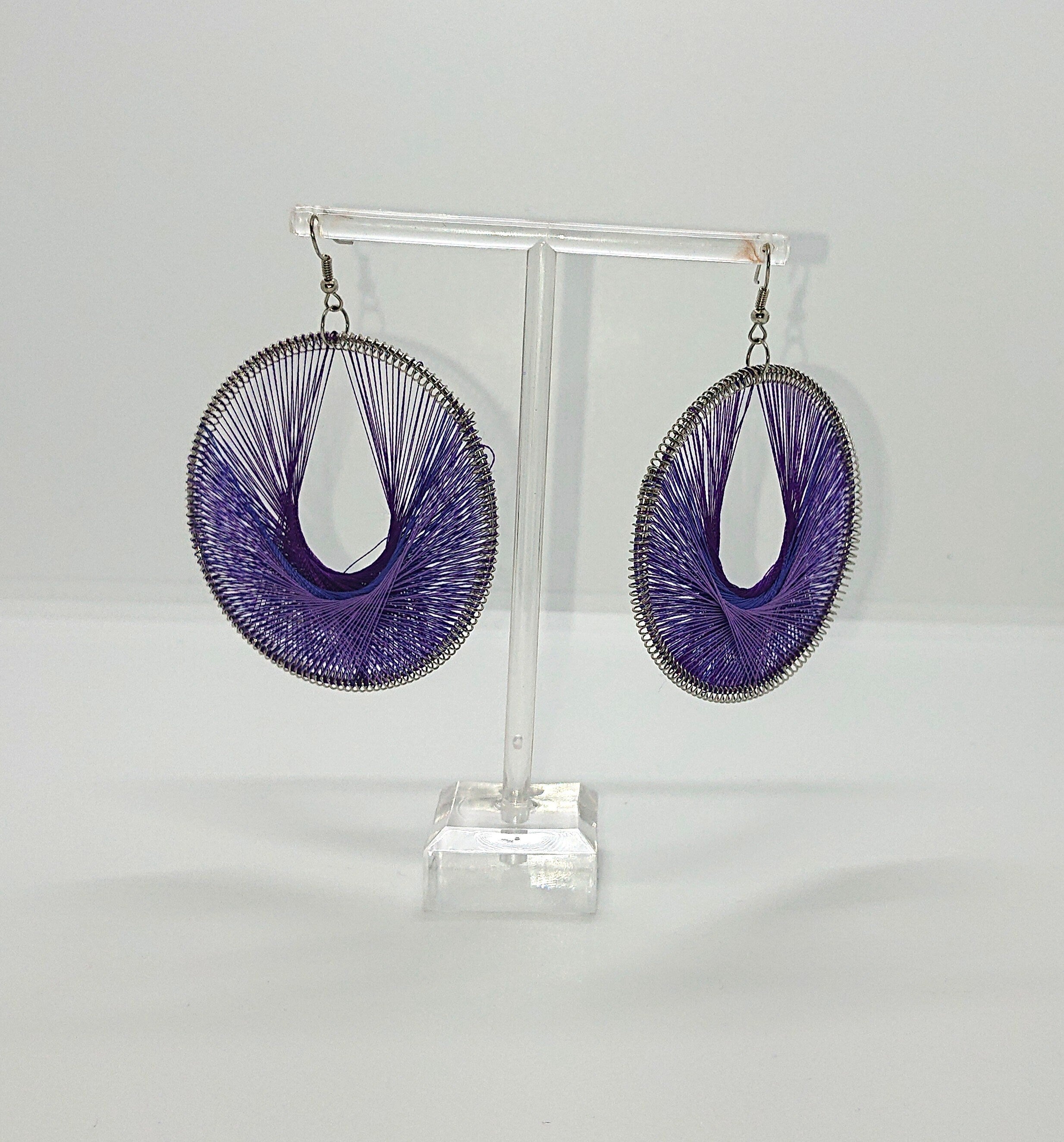 Vintage Chunky Earrings Purple Round Dangle Drop Oversized Round Cotton Costume Jewellery Jewelry hippie jewellery