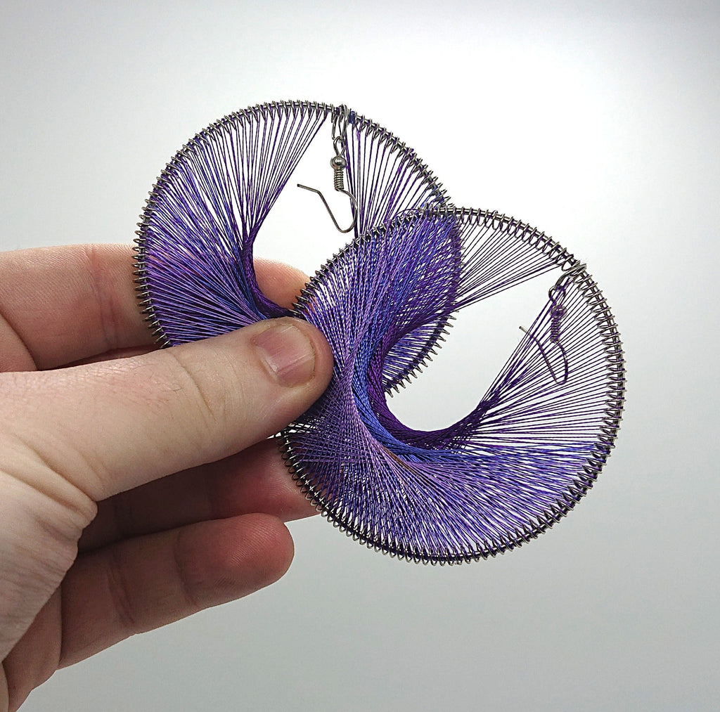 Vintage Chunky Earrings Purple Round Dangle Drop Oversized Round Cotton Costume Jewellery Jewelry hippie jewellery