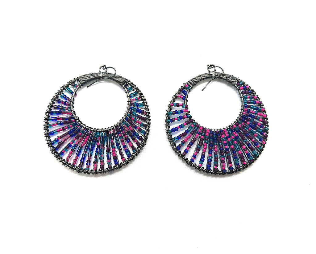 Vintage Seed Bead Earrings Chunky Round Dangle Drop Purple, Pink, Blue Costume Jewellery Jewelry Hippie Earrings