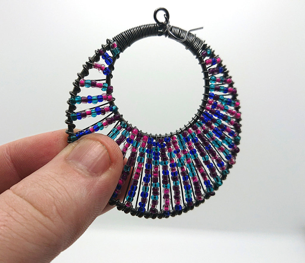 Vintage Seed Bead Earrings Chunky Round Dangle Drop Purple, Pink, Blue Costume Jewellery Jewelry Hippie Earrings