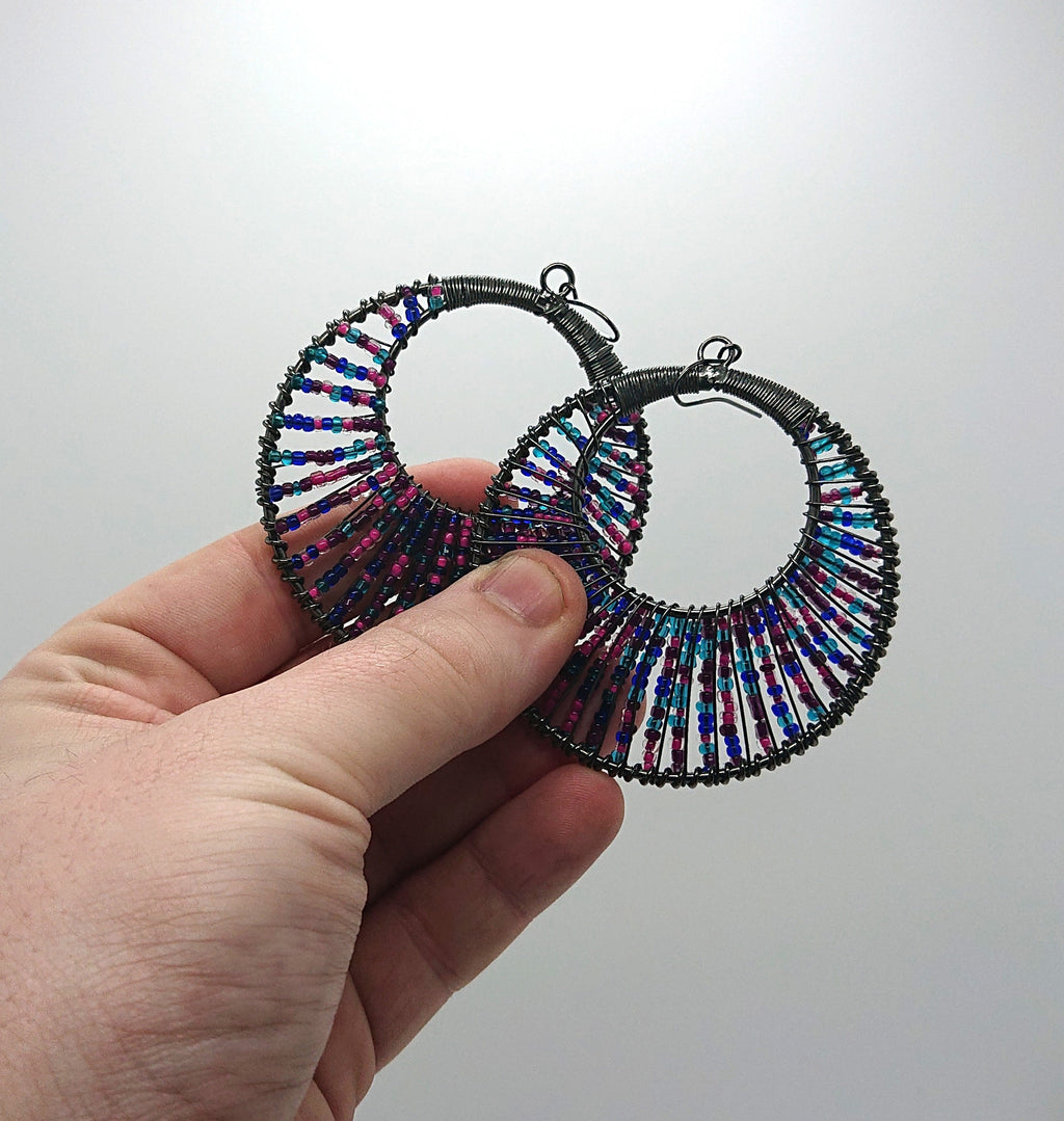Vintage Seed Bead Earrings Chunky Round Dangle Drop Purple, Pink, Blue Costume Jewellery Jewelry Hippie Earrings