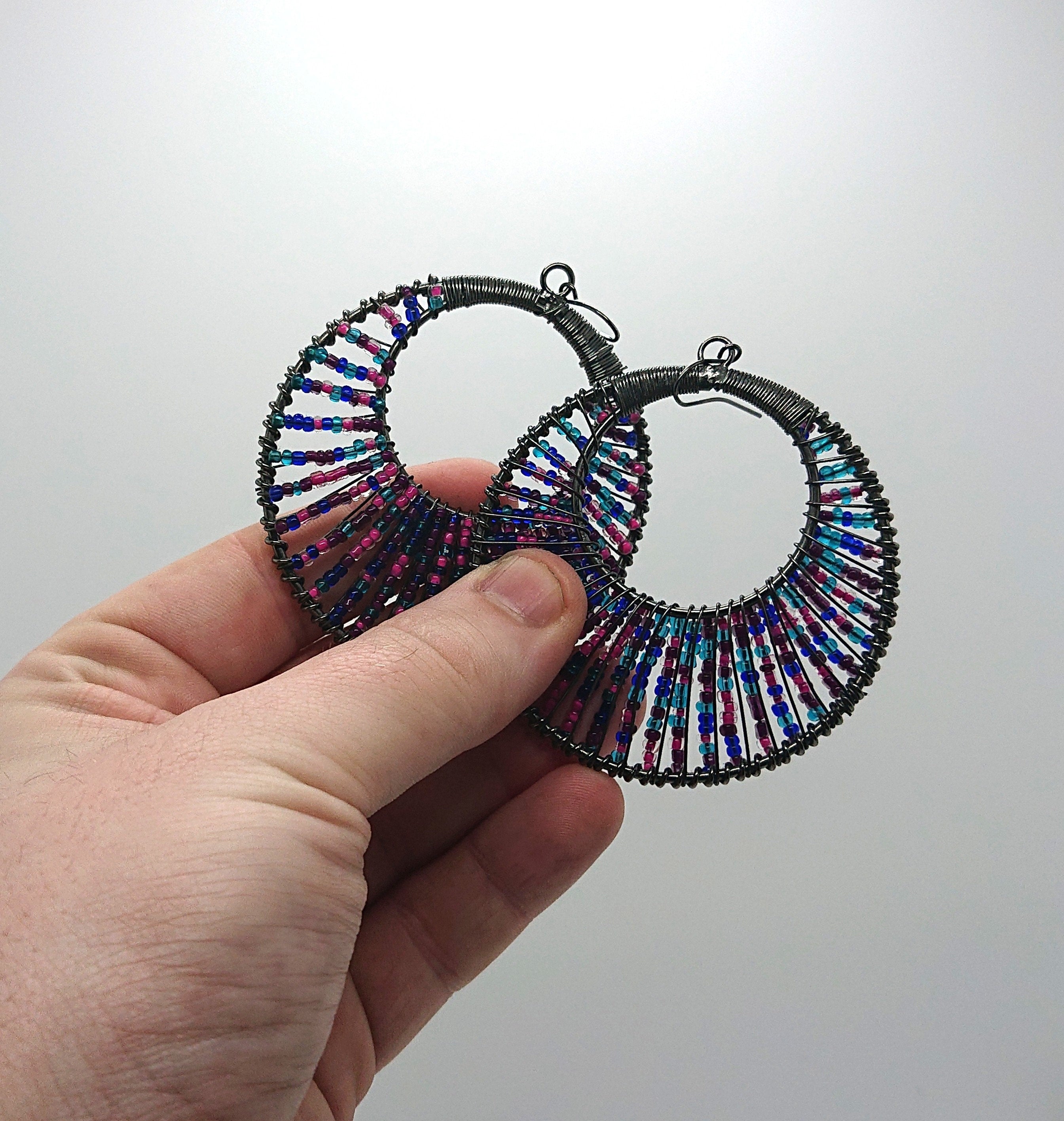 Vintage Seed Bead Earrings Chunky Round Dangle Drop Purple, Pink, Blue Costume Jewellery Jewelry Hippie Earrings