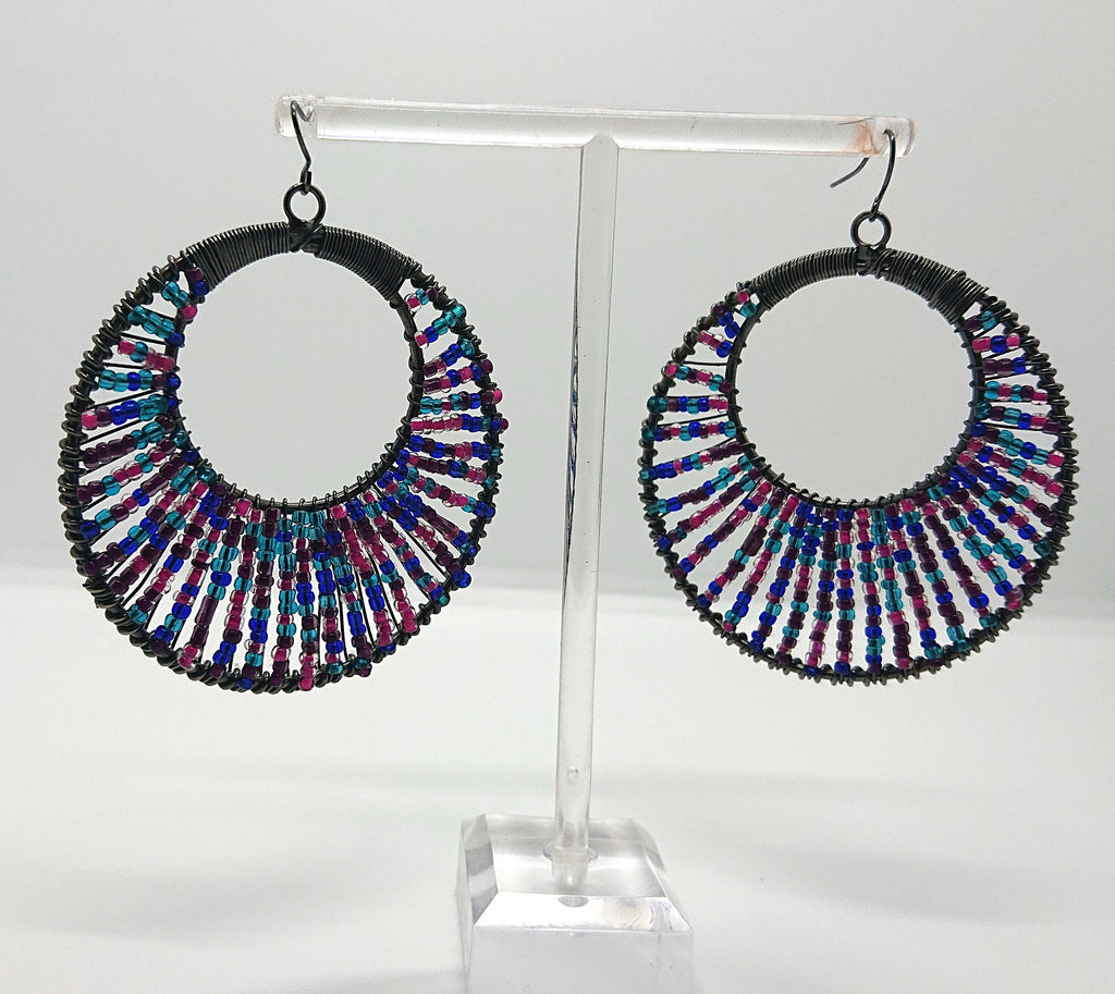 Vintage Seed Bead Earrings Chunky Round Dangle Drop Purple, Pink, Blue Costume Jewellery Jewelry Hippie Earrings